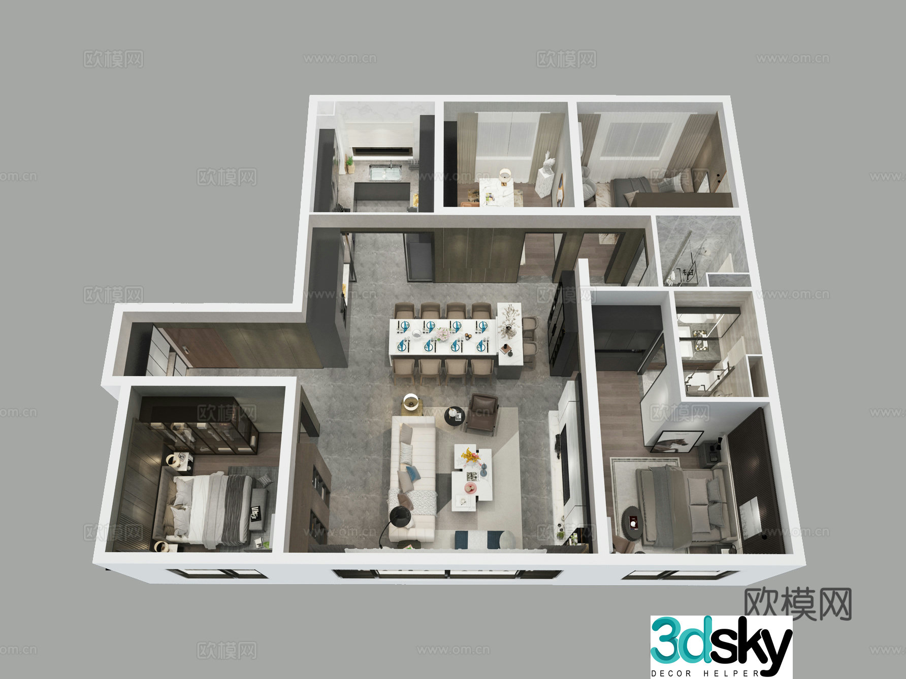 Aerial view of modern home decoration model room 3d model