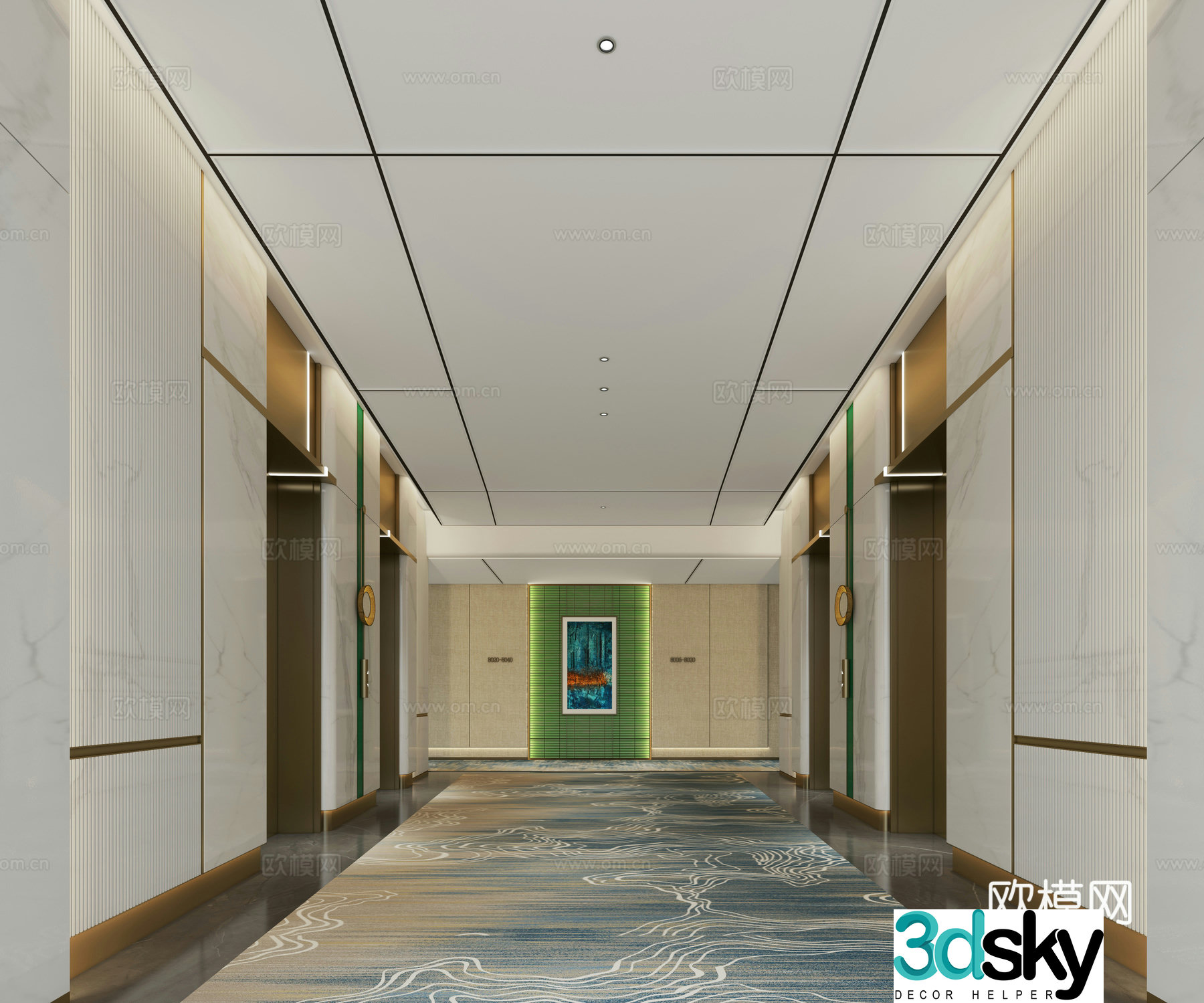 High-end elegant and exquisite hotel elevator hall 3D model