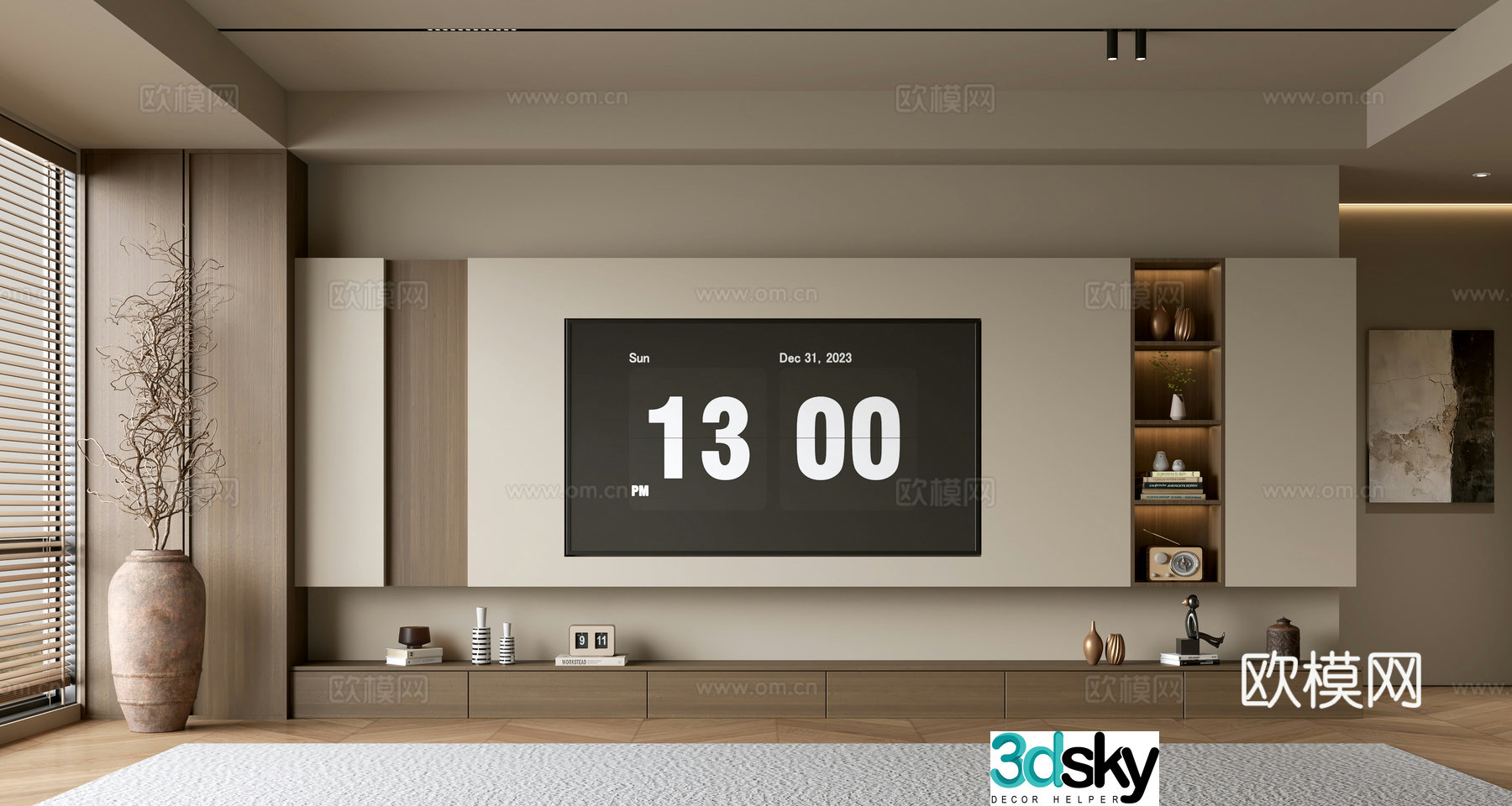 The ancient TV background wall of the TV cabinet and the background wall of the modern Wasabi style living room The ancient style 3D model