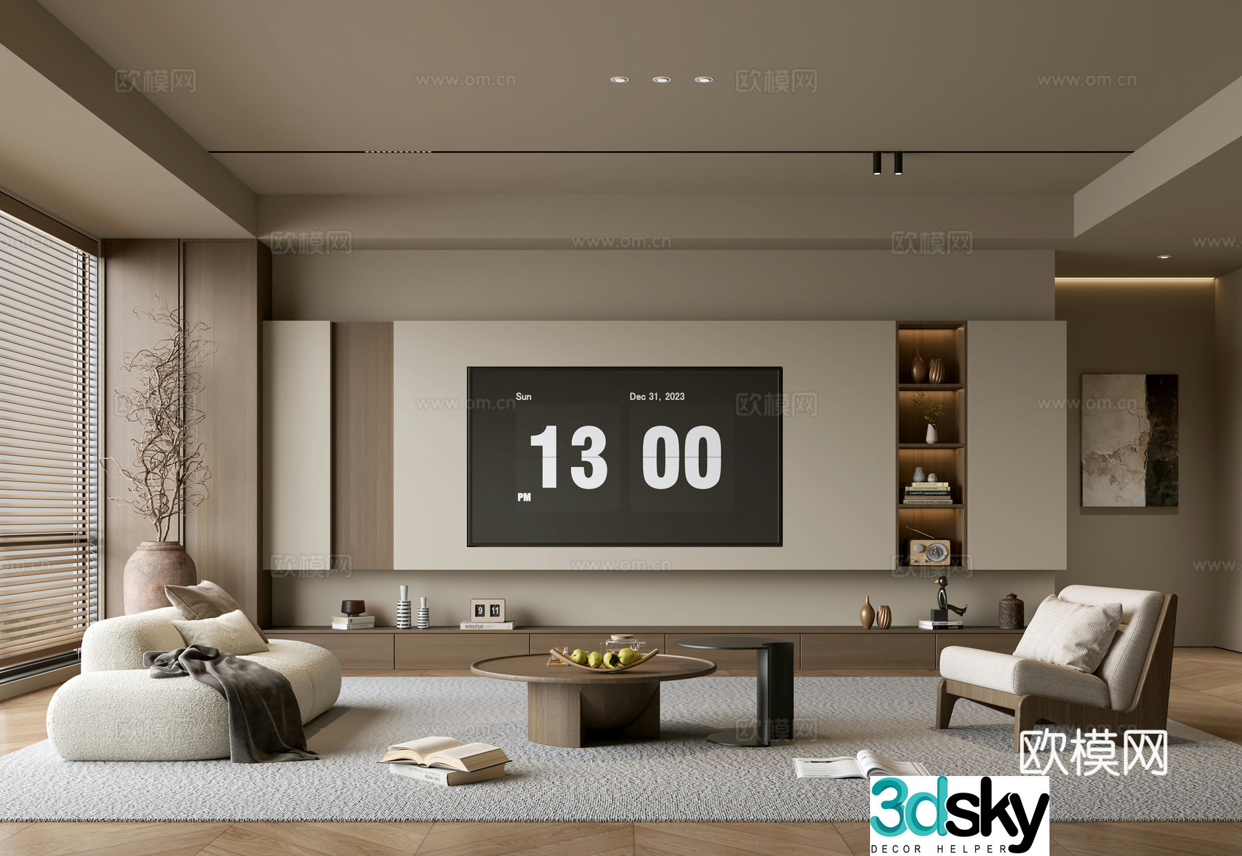 The ancient TV background wall of the TV cabinet and the background wall of the modern Wasabi style living room The ancient style 3D model