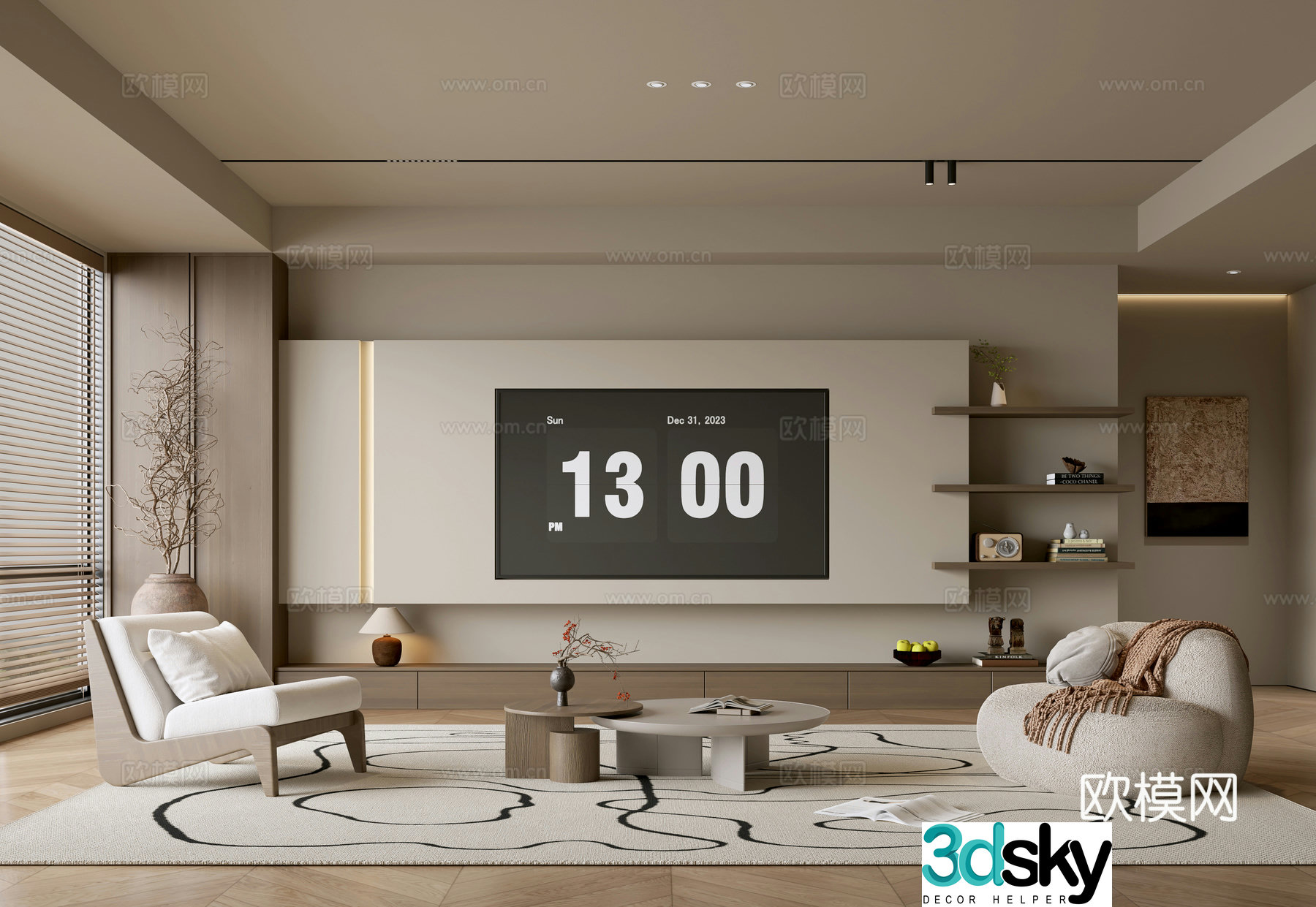 The ancient TV background wall of the TV cabinet and the background wall of the modern Wasabi style living room The ancient style 3D model
