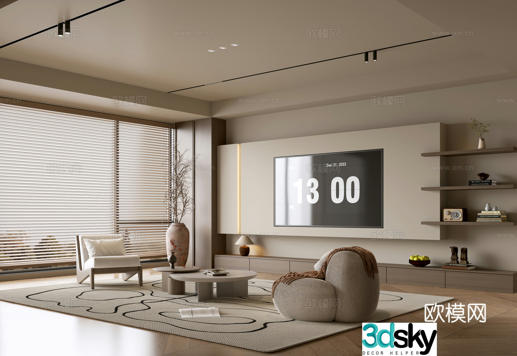 The ancient TV background wall of the TV cabinet and the background wall of the modern Wasabi style living room The ancient style 3D model