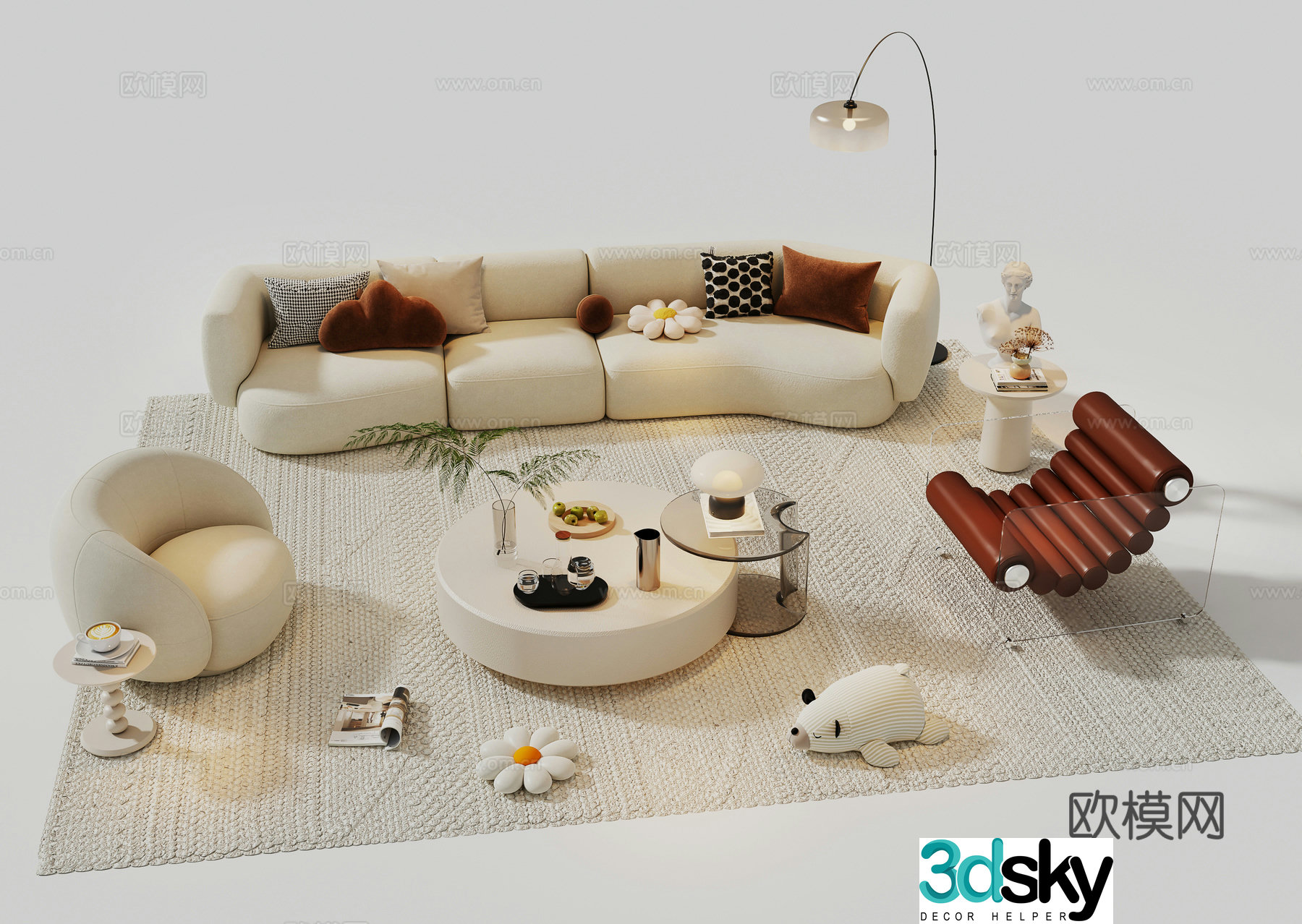 Modern cream sofa combination casual sofa sofa sofa coffee table combination 3d model