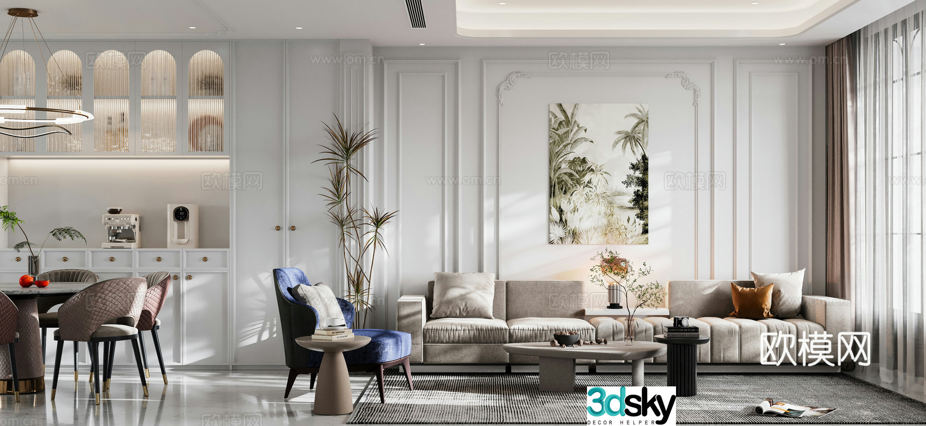 French villa living and dining room 3d model