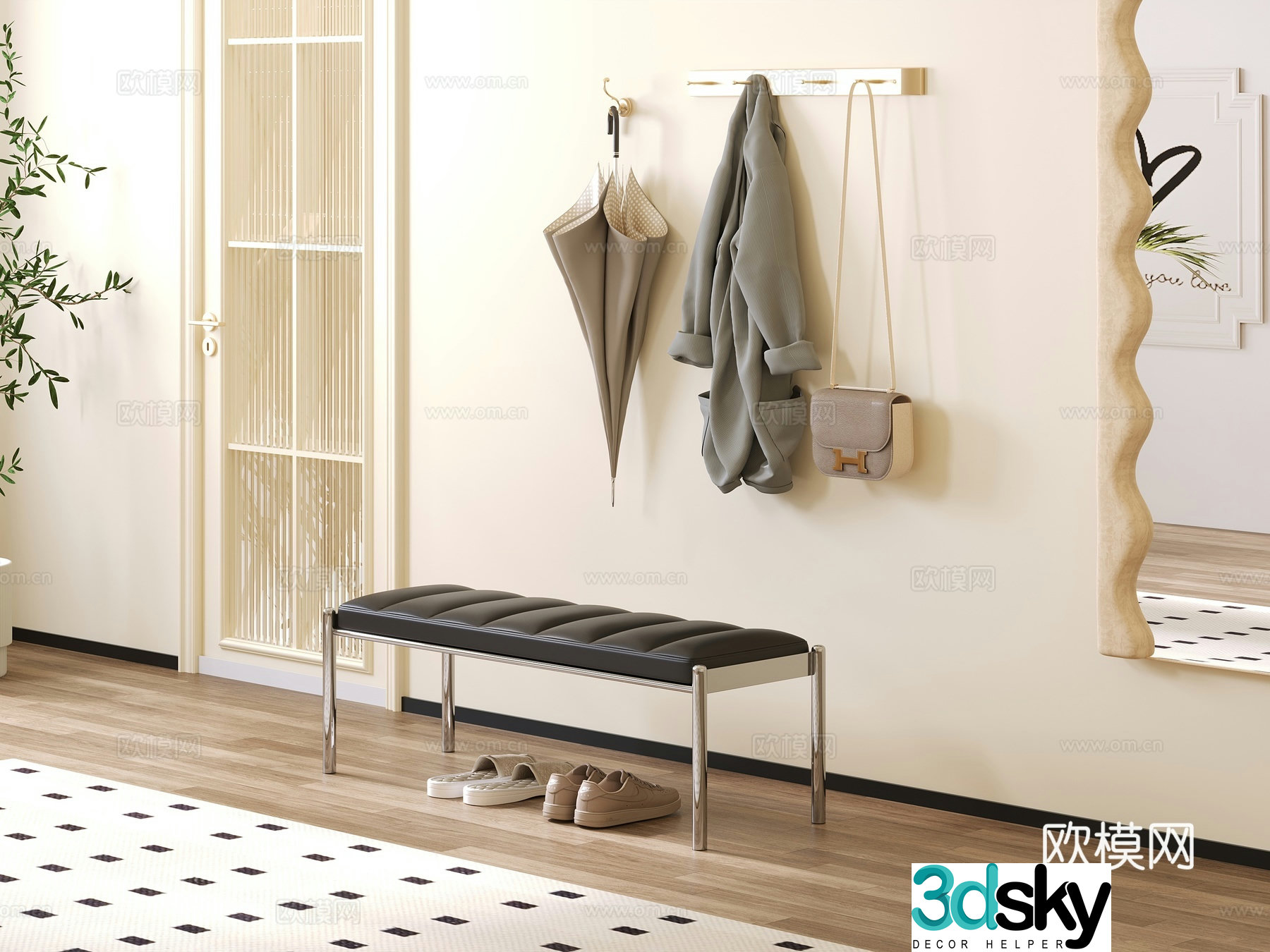 Modern style living room entrance living room furniture shoe changing stool furniture dressing mirror 3d model