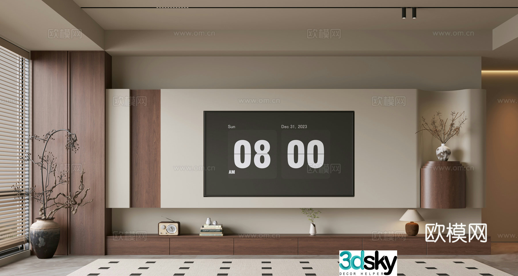 The ancient TV background wall of the TV cabinet and the background wall of the modern Wasabi style living room The ancient style 3D model