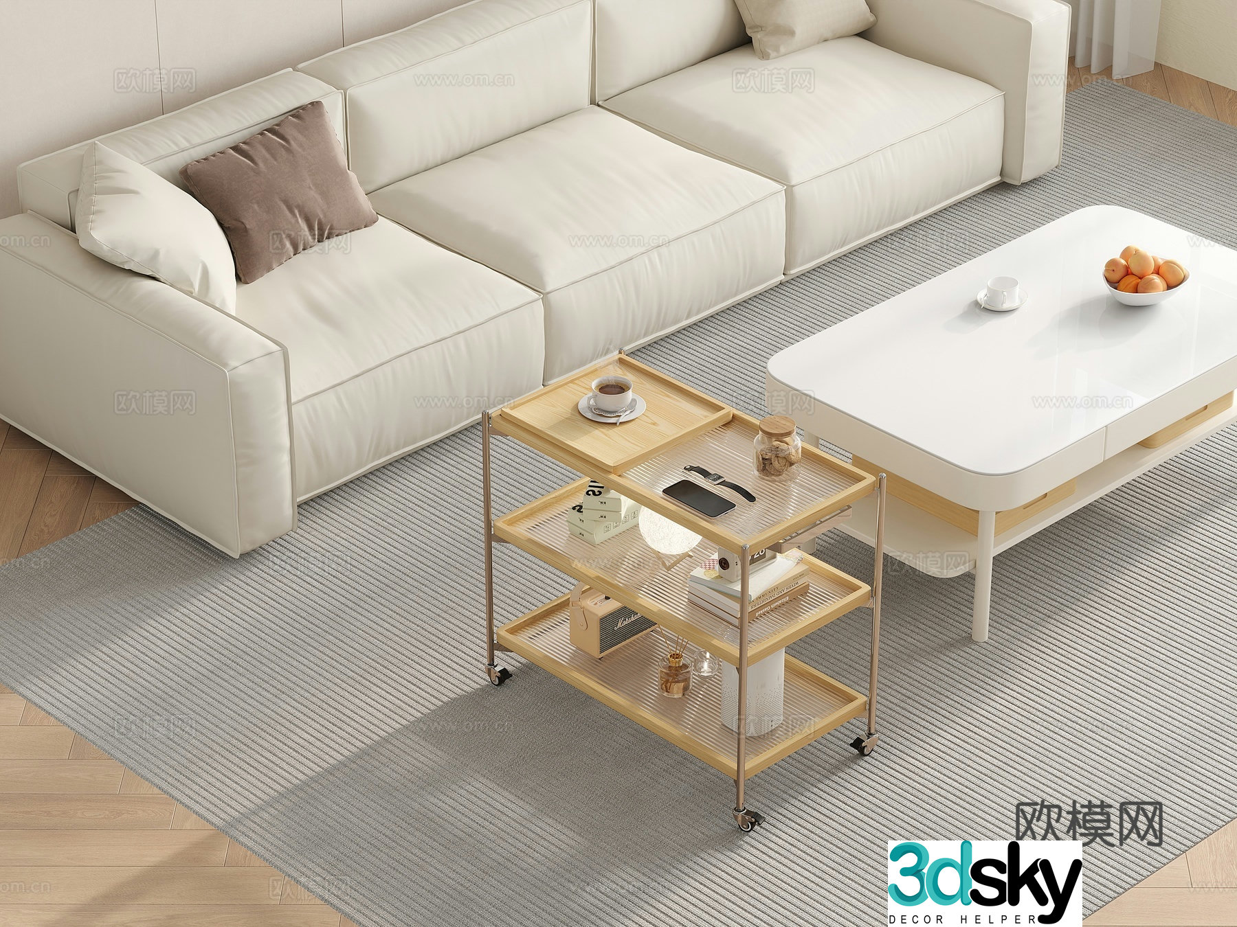 Modern cream style living room furniture moving side table complete decorations 3D model