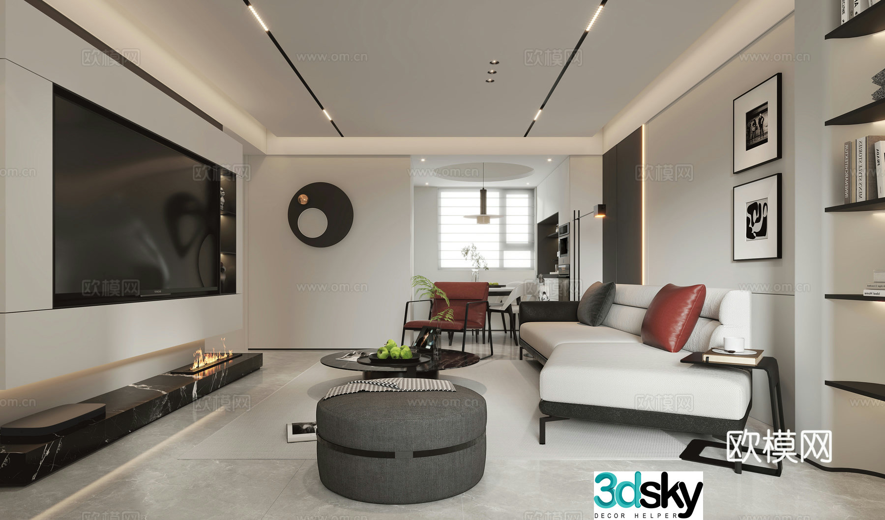 Modern 3D model of living and dining