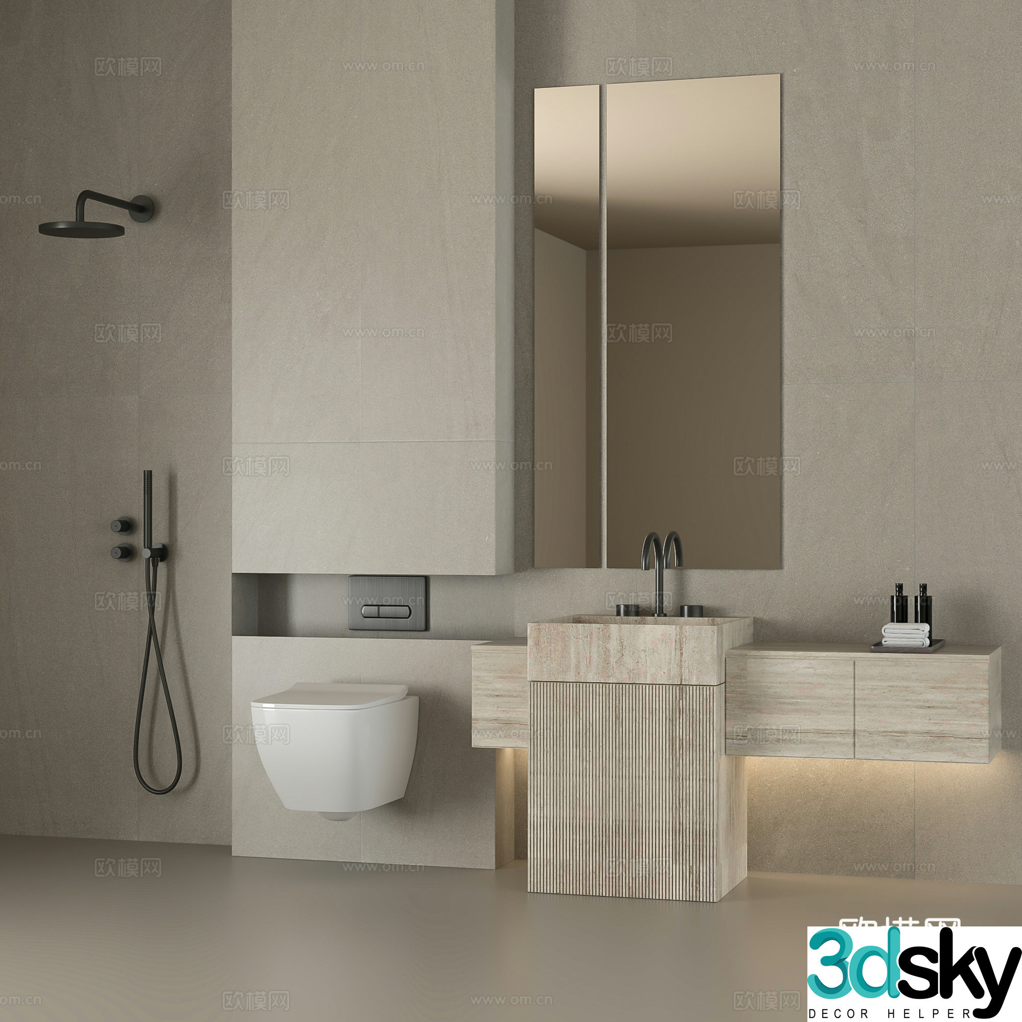 Modern Italian bathroom column basin wall-mounted toilet shower hanging wash basin wet and dry separation 3D model