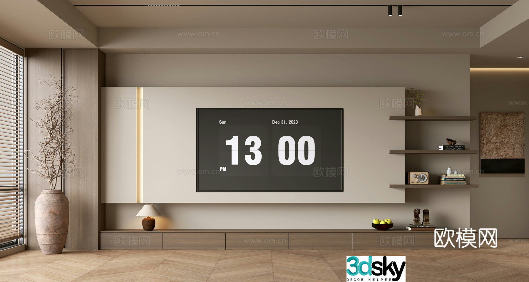 The ancient TV background wall of the TV cabinet and the background wall of the modern Wasabi style living room The ancient style 3D model