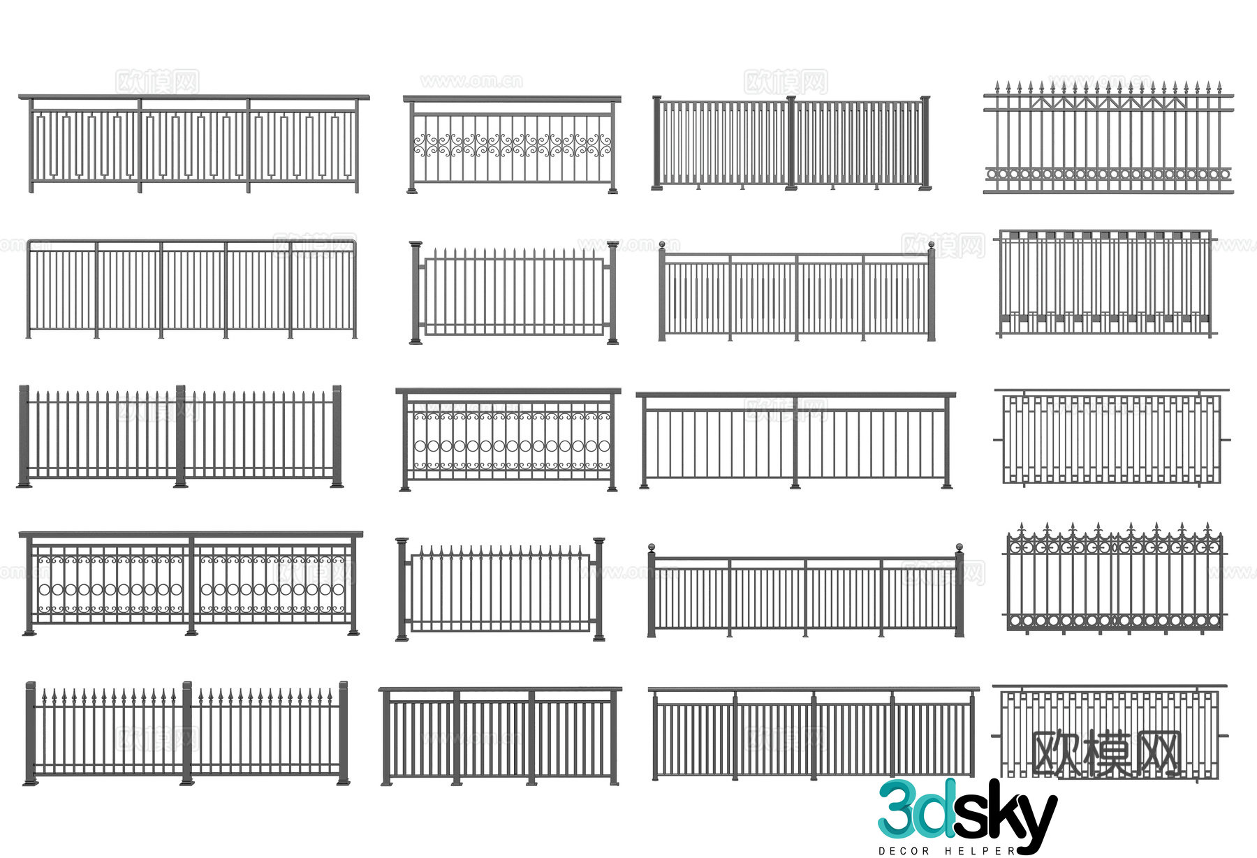 Modern wrought iron railing 3d model