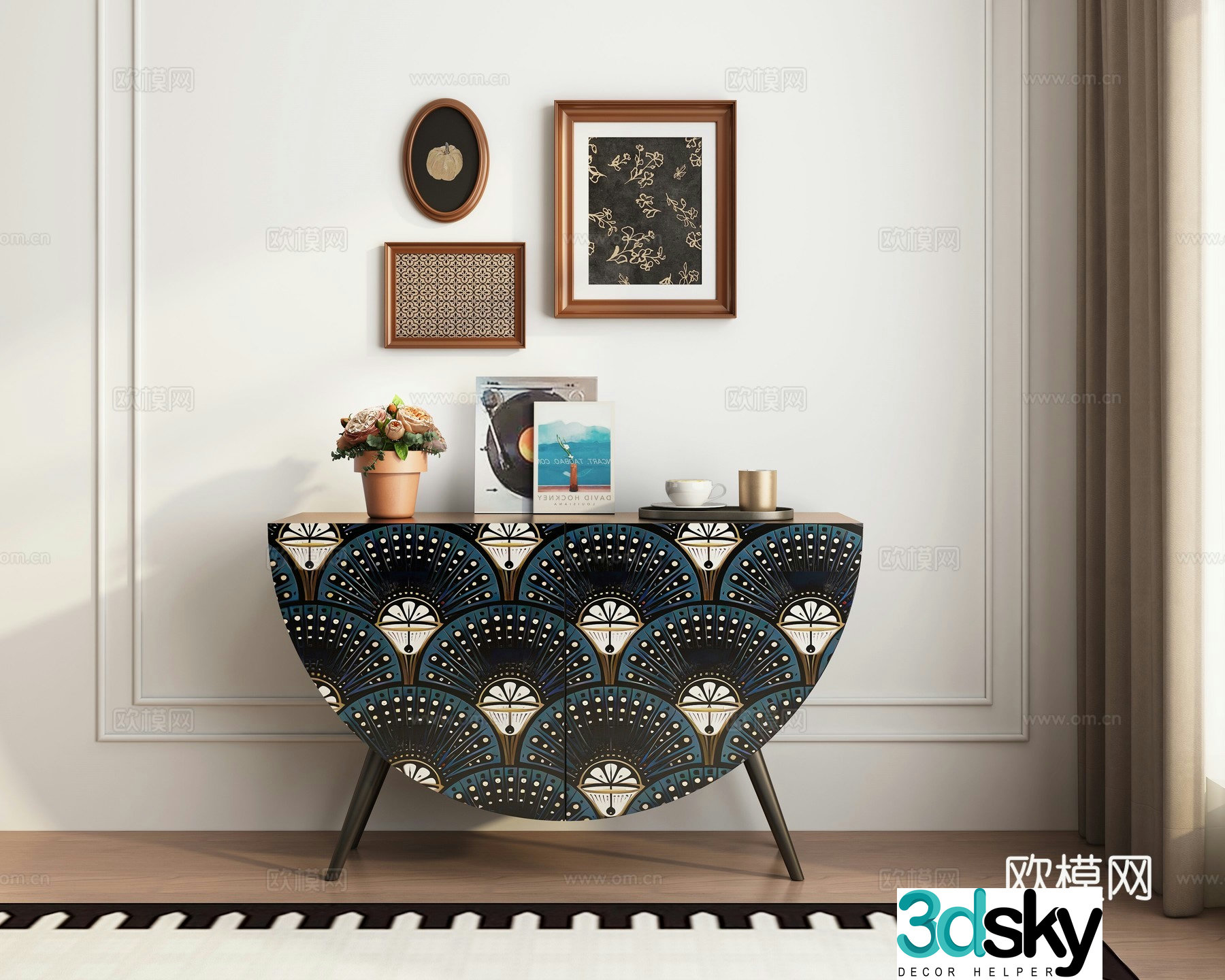 French retro semicircular entrance cabinet French retro combination hanging painting decorative painting 3D model