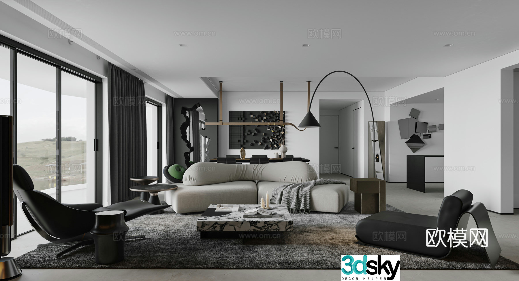 Modern home living and dining room 3d model