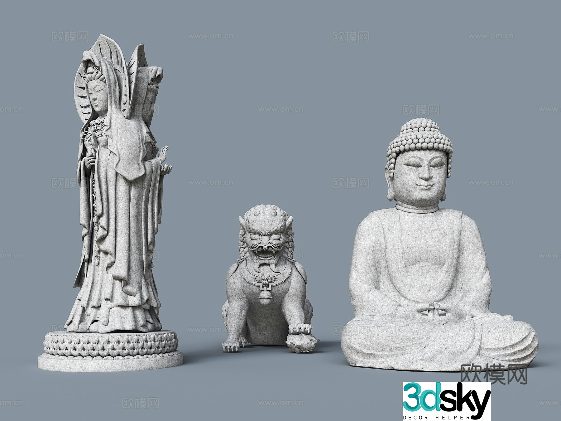 Modern sculpture Three-sided Guanyin sculpture Tathagata Buddha sculpture Lion sculpture Square sculpture Main 3D model