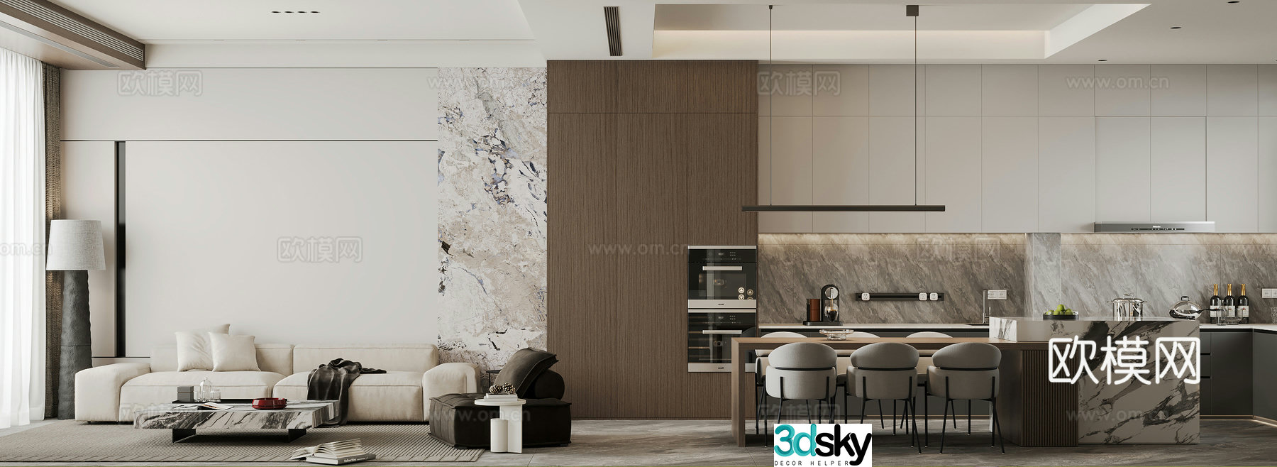 Modern villa living and dining room 3d model
