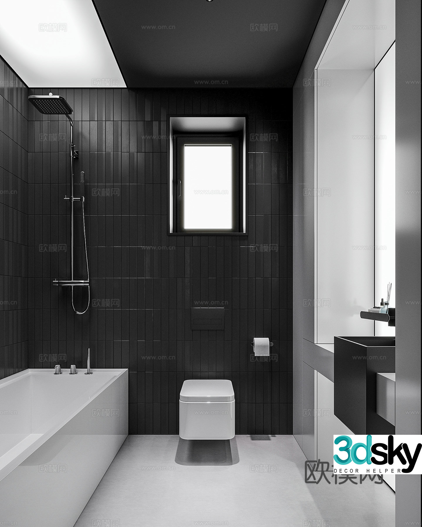 Modern premium gray bathroom black and white gray bathroom embedded bathtub wall-mounted toilet 3D model