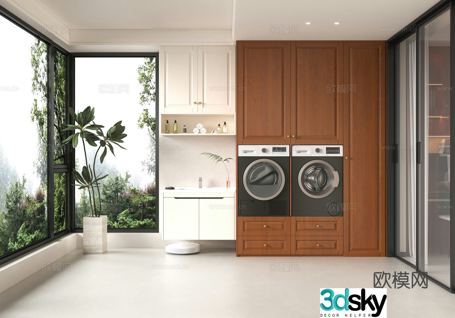 French medieval style laundry room simple European washing cabinet cherry wood washing cabinet 3d model