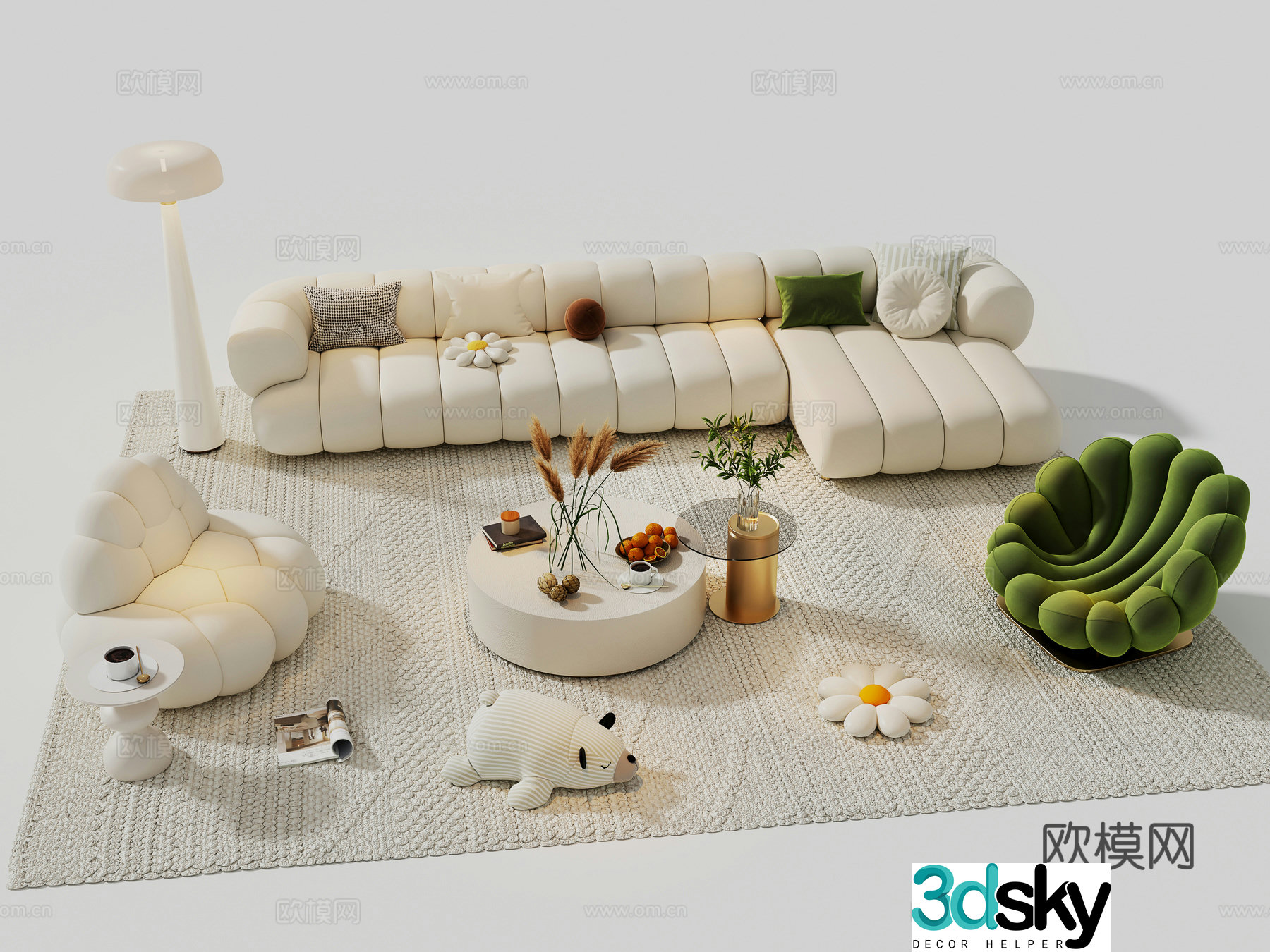 Modern cream sofa combination casual sofa sofa coffee table combination carpet floor lamp 3d model