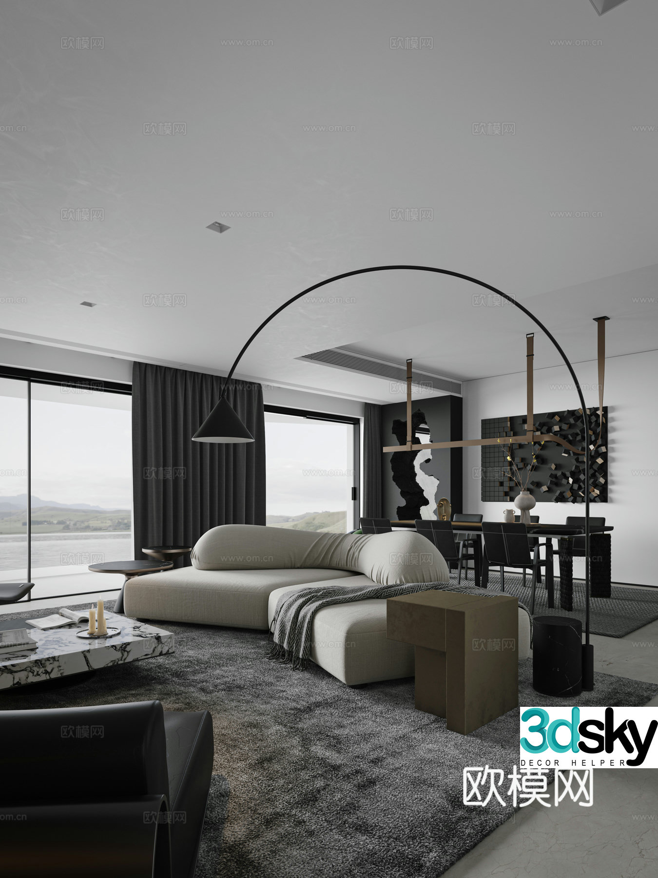 Modern home living and dining room 3d model