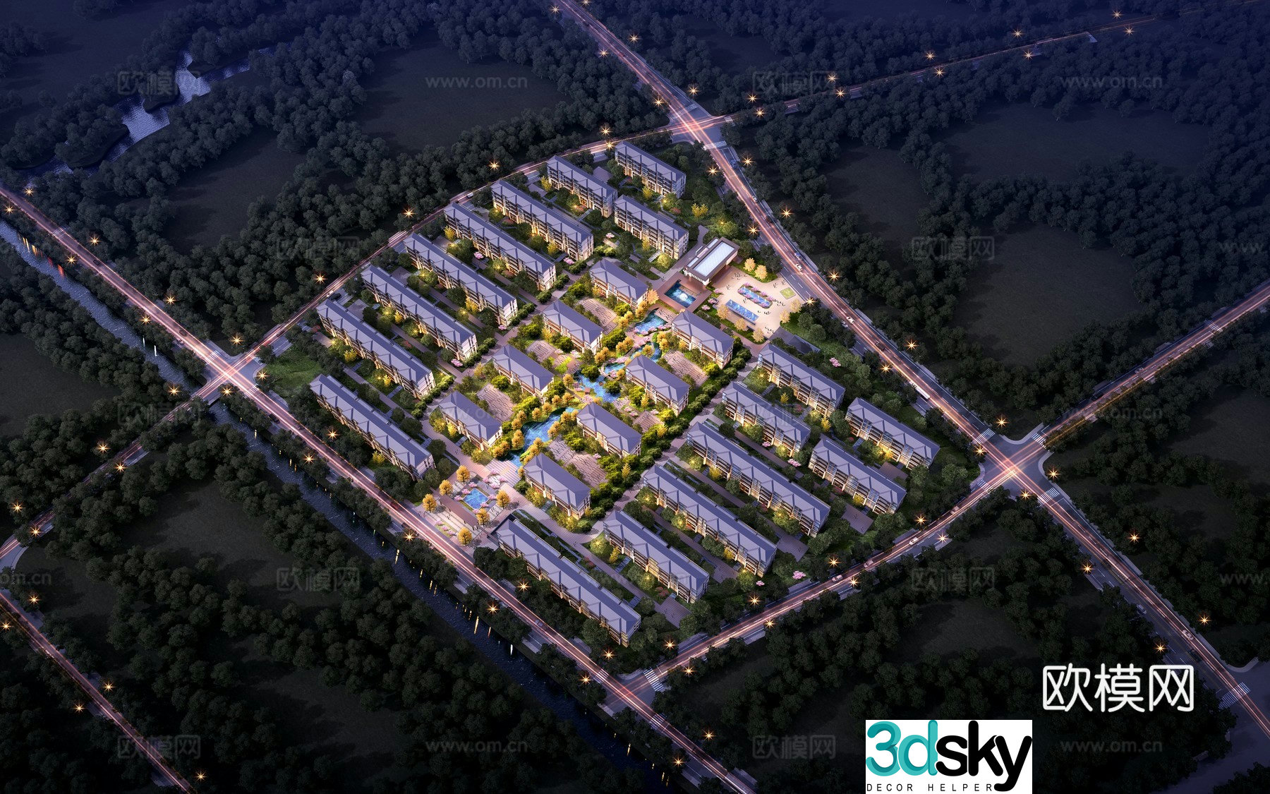 Residential bird’s eye view of night view 3D model