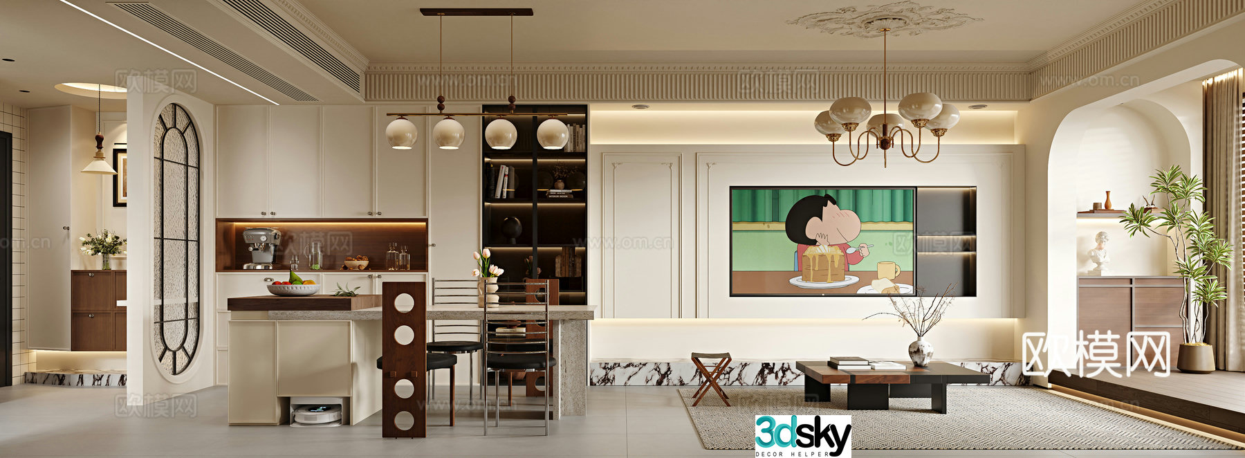 French living and dining room 3d model