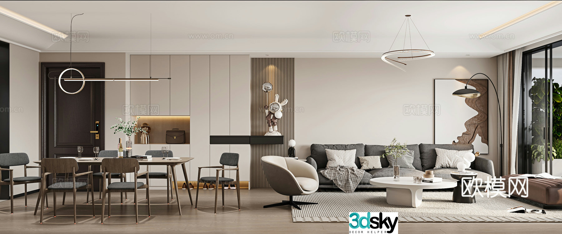 Modern living and dining room 3D model 3D model
