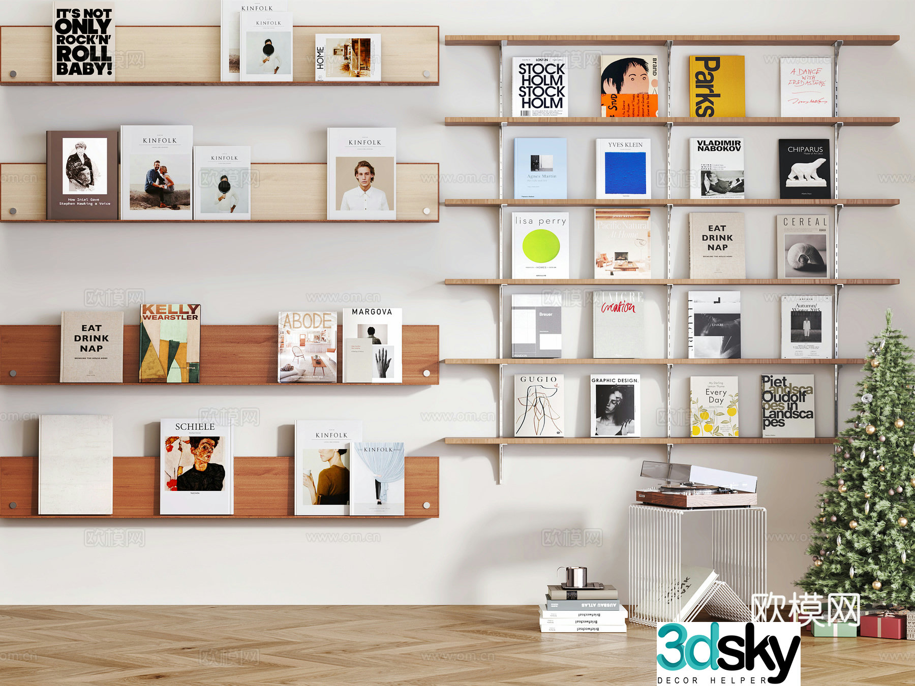 Modern style bookshelf Metal bookshelf Wooden bookshelf Book ornaments Record machine Christmas tree 3d model