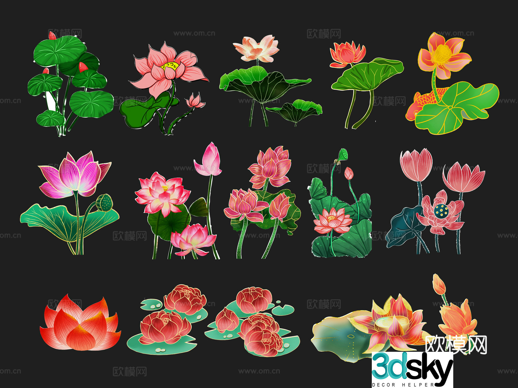 National tide carving plant silhouette lotus lotus leaves flowers national style carp fish 3d model