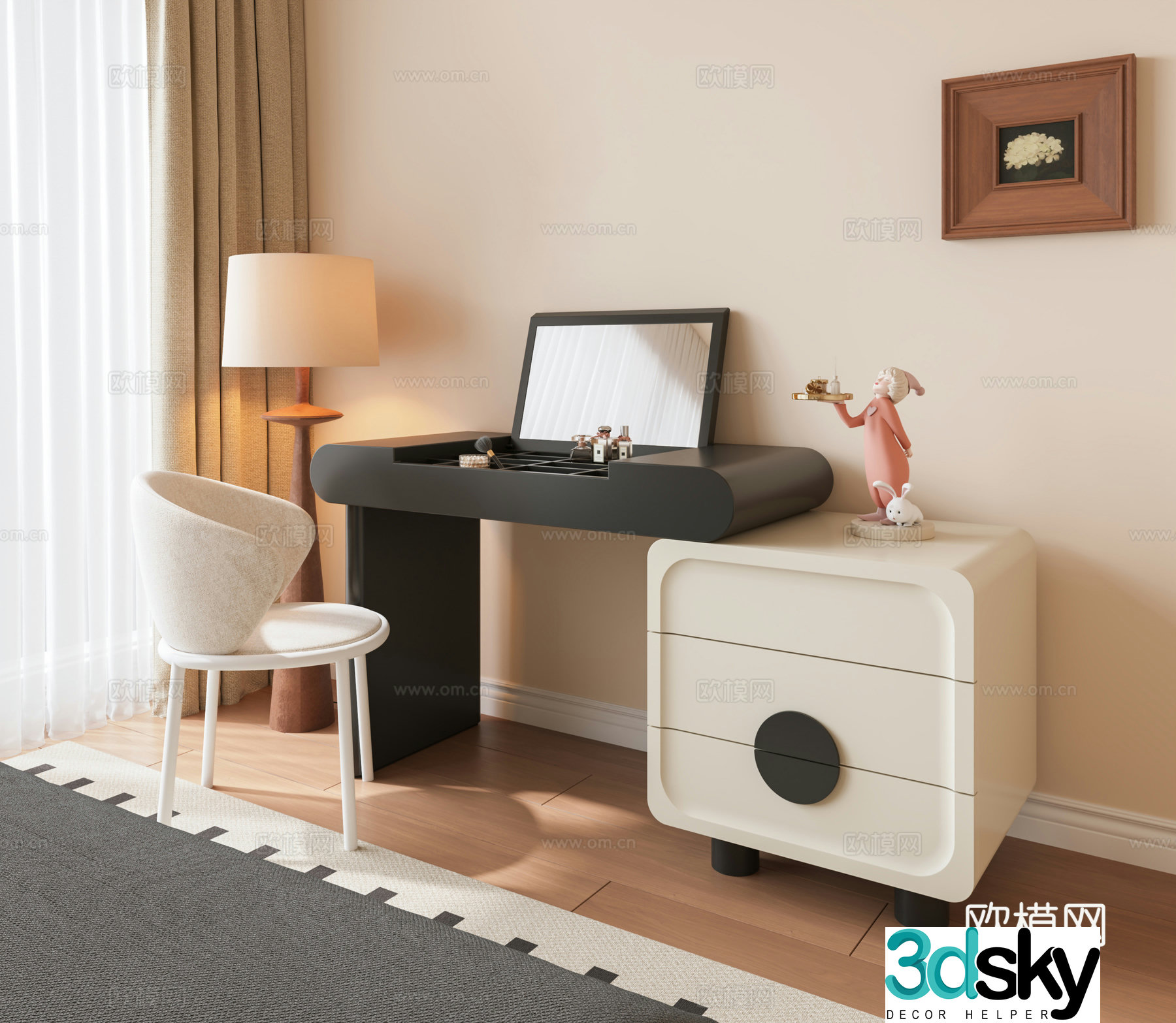 Modern dressing table Cream style dressing table French dressing table Dressing mirror Dressing table Floor lamp 3D model