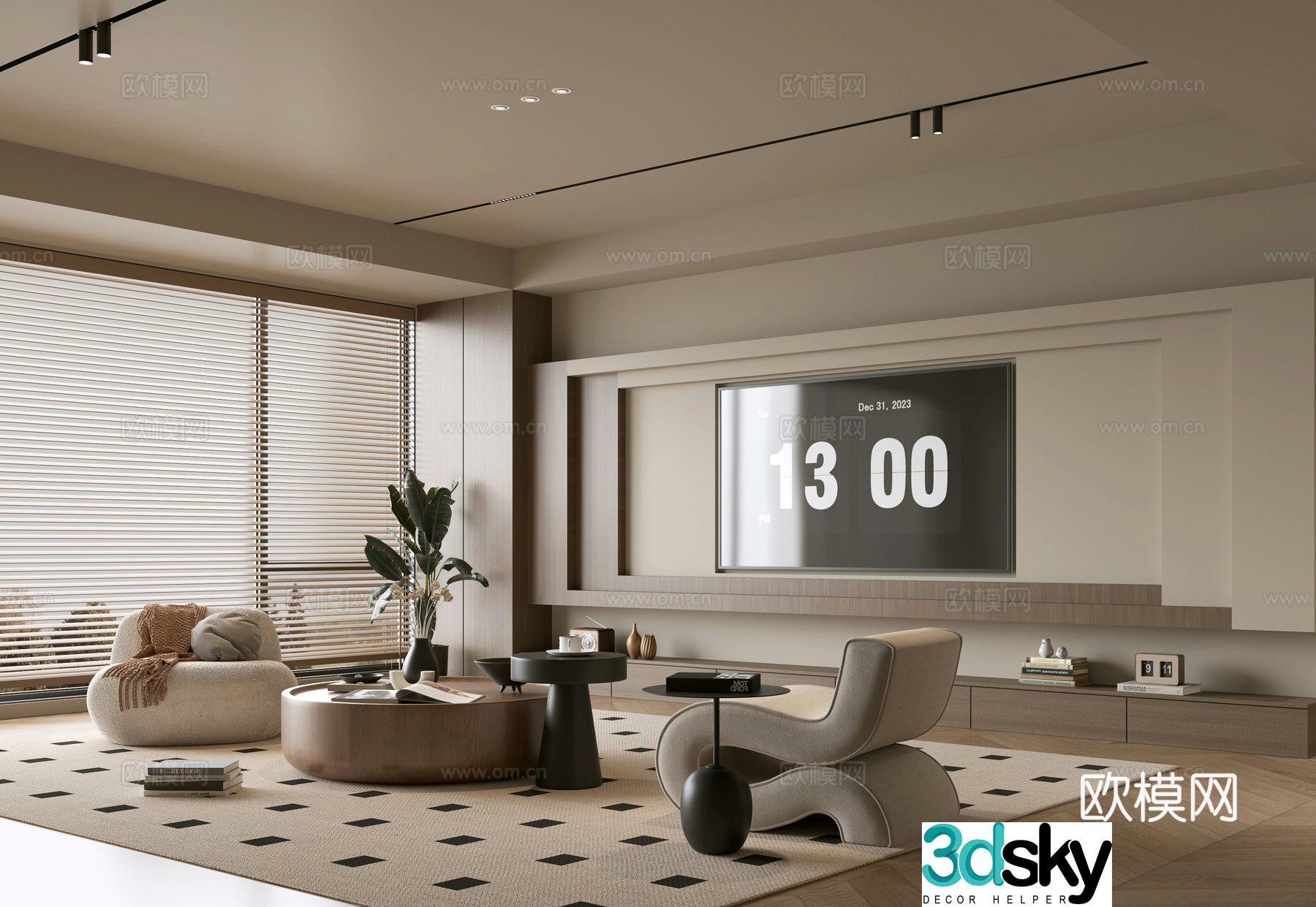 The ancient TV background wall of the TV cabinet and the background wall of the modern Wasabi style living room The ancient style 3D model