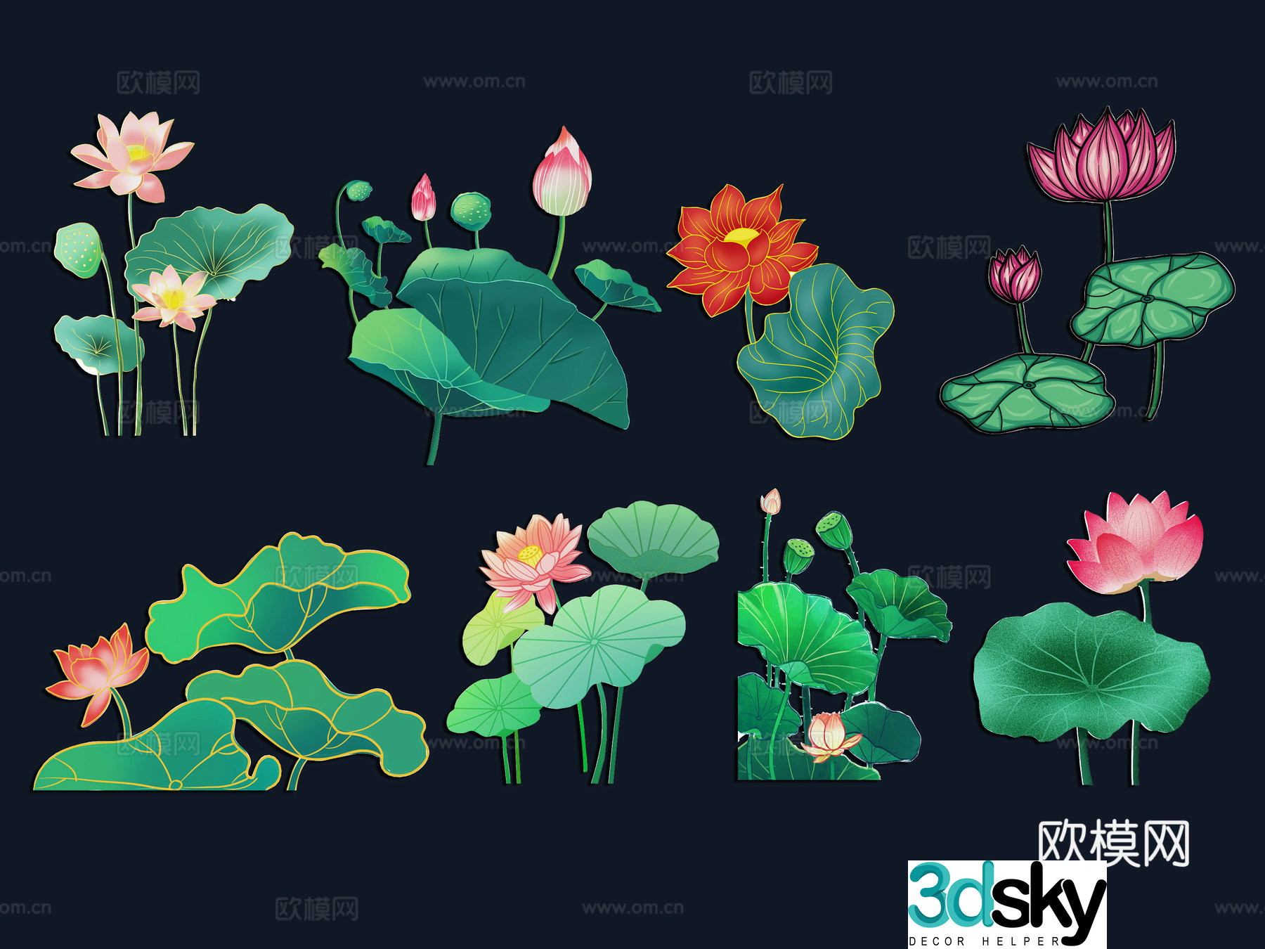 National tide carving plant silhouette lotus lotus leaves flowers national style carp fish 3d model