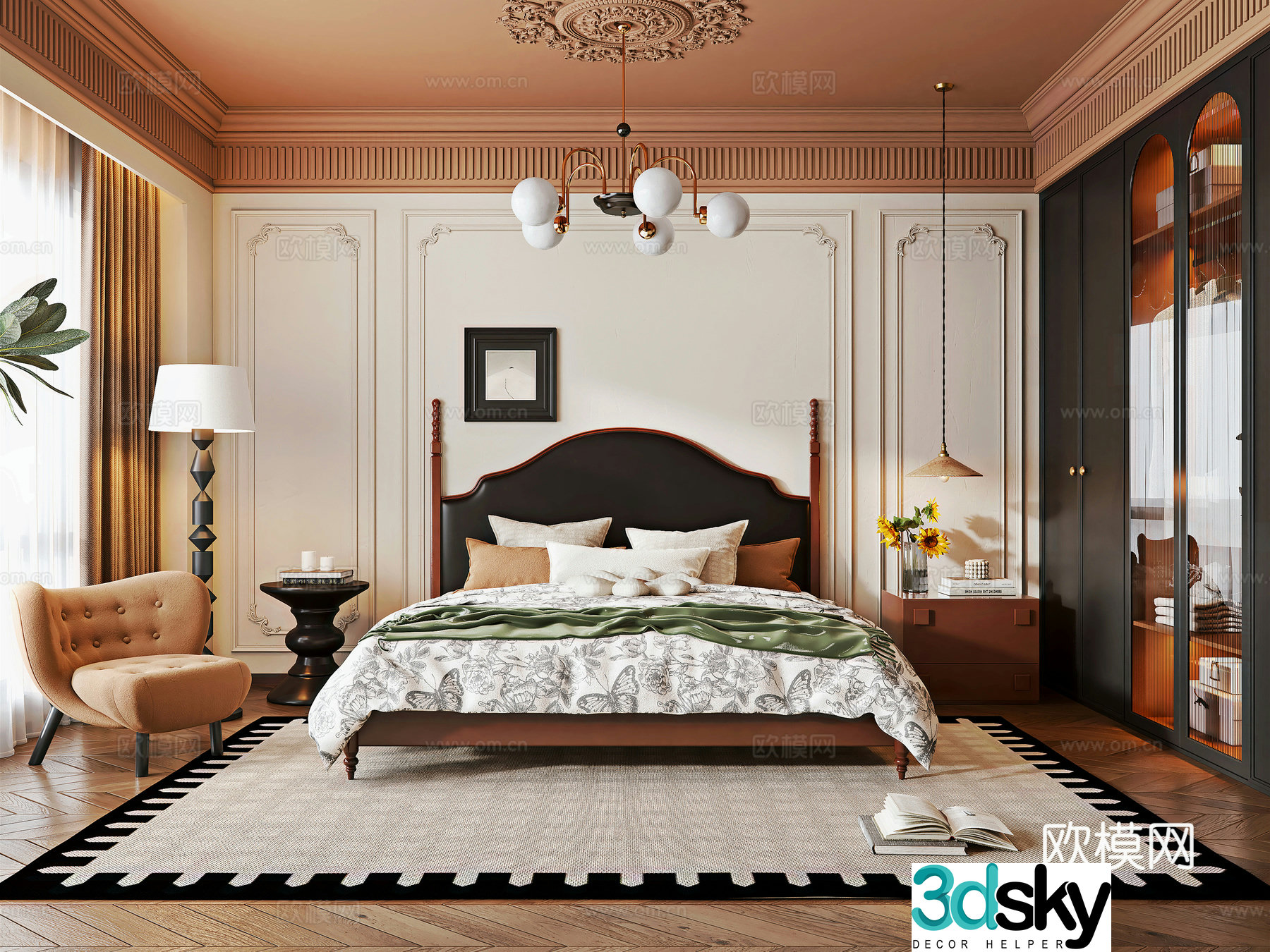 French medieval style bedroom bedside table bedside machine wardrobe bedroom chandeliers leisure chair sofa 3D model