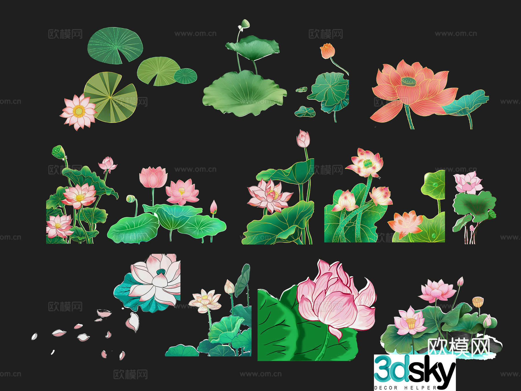 National tide carving plant silhouette lotus lotus leaves flowers national style carp fish 3d model