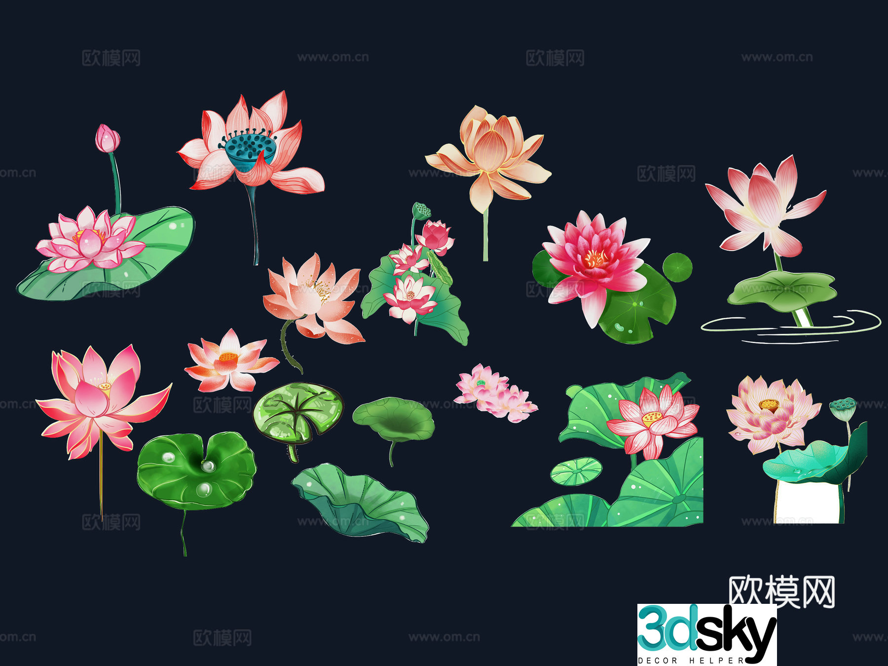 National tide carving plant silhouette lotus lotus leaves flowers national style carp fish 3d model