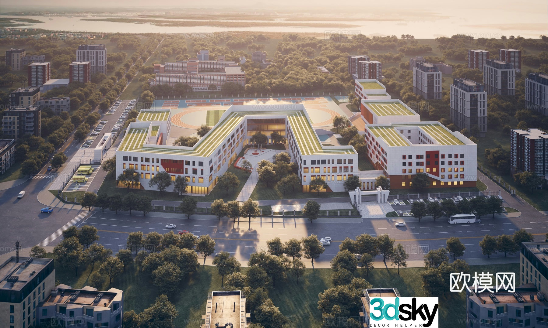 Modern school bird’s eye view 3D model