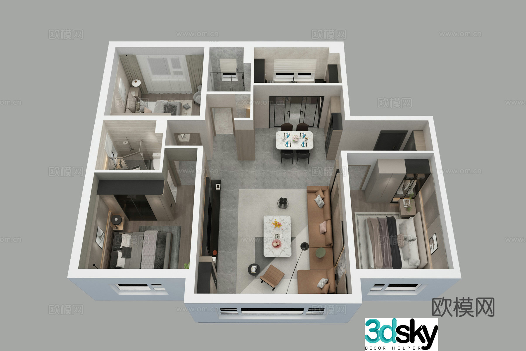 Aerial view of modern home decoration model room 3d model