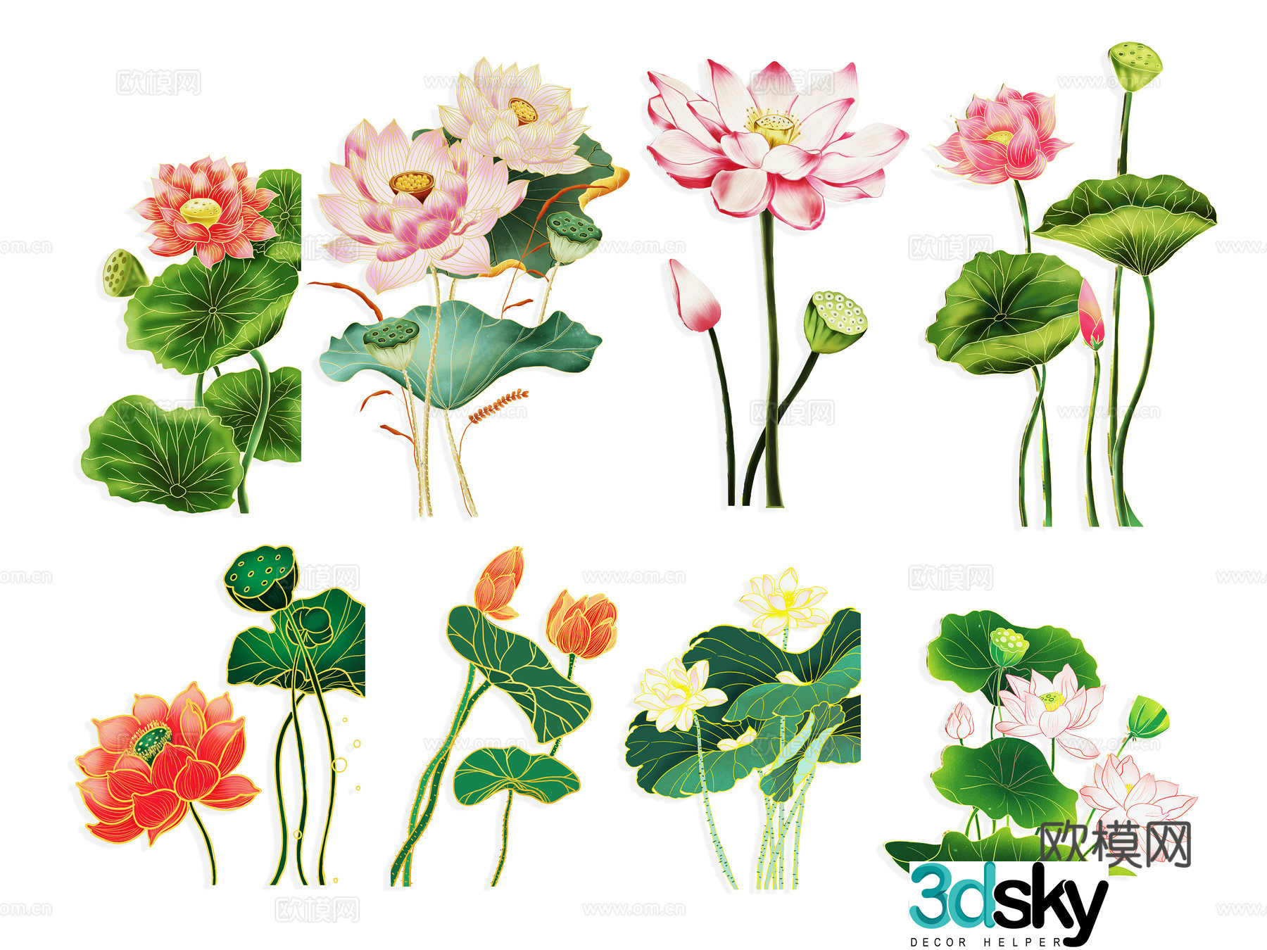 National tide carving plant silhouette lotus lotus leaves flowers national style carp fish 3d model