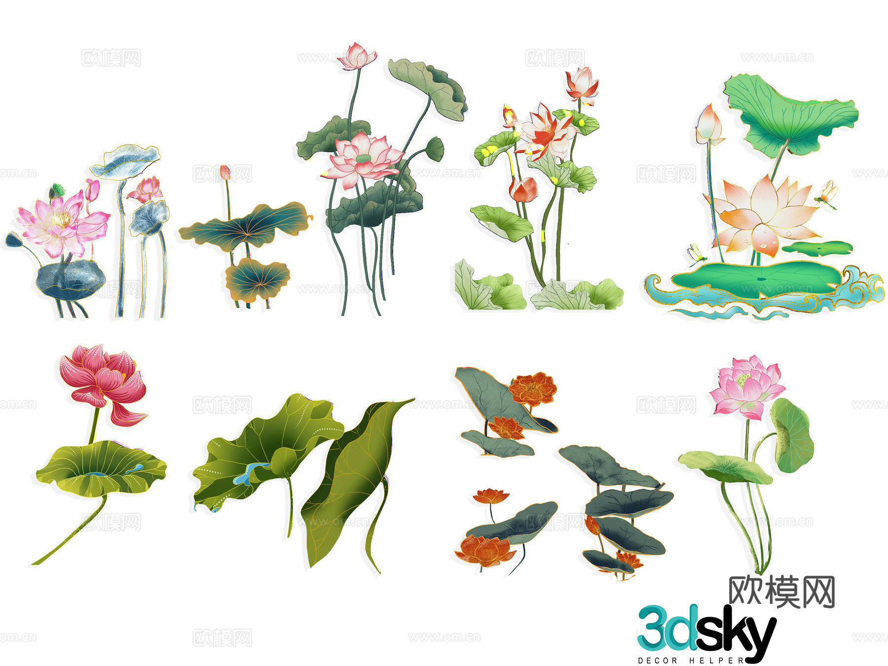 National tide carving plant silhouette lotus lotus leaves flowers national style carp fish 3d model