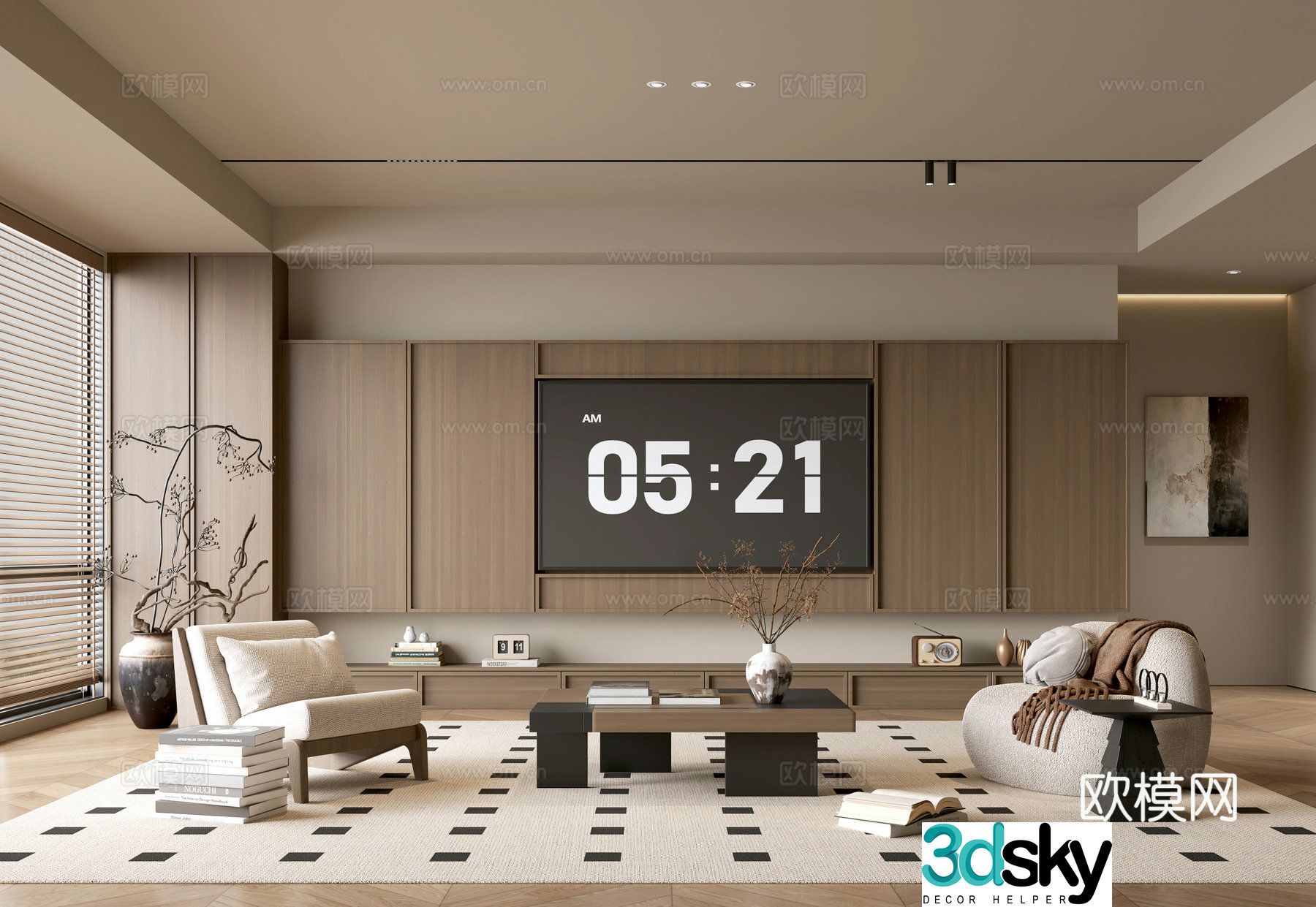The ancient TV background wall of the TV cabinet and the background wall of the modern Wasabi style living room The ancient style 3D model