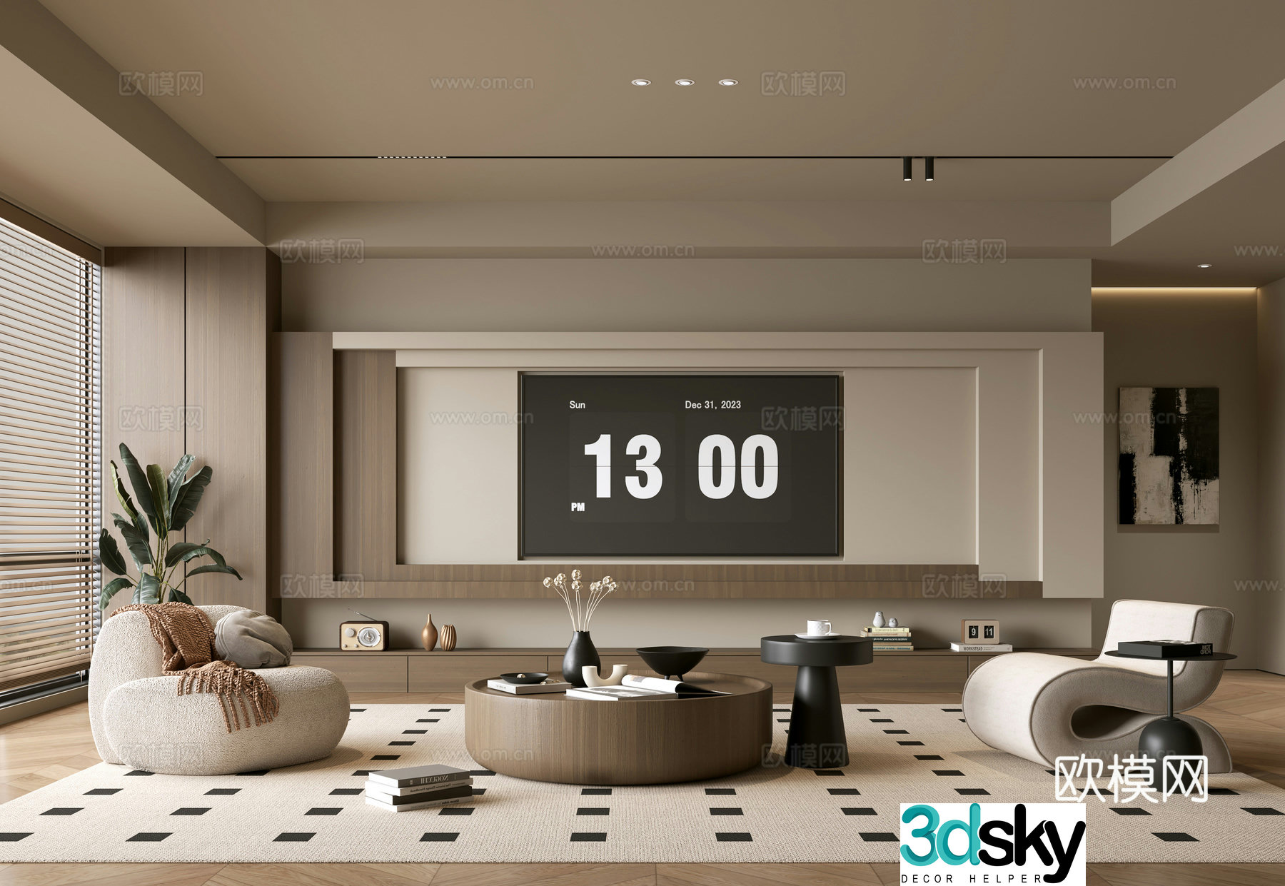 The ancient TV background wall of the TV cabinet and the background wall of the modern Wasabi style living room The ancient style 3D model