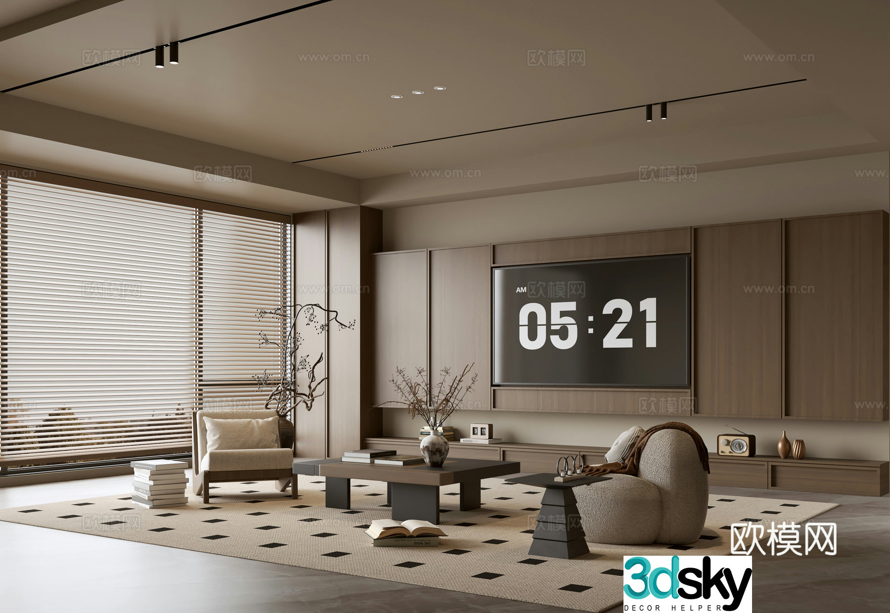 The ancient TV background wall of the TV cabinet and the background wall of the modern Wasabi style living room The ancient style 3D model