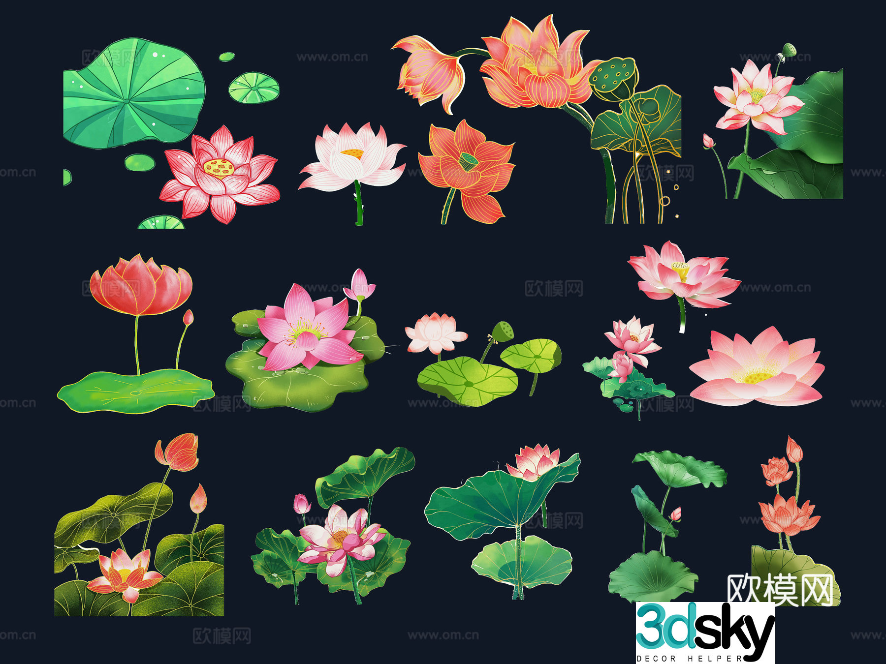 National tide carving plant silhouette lotus lotus leaves flowers national style carp fish 3d model