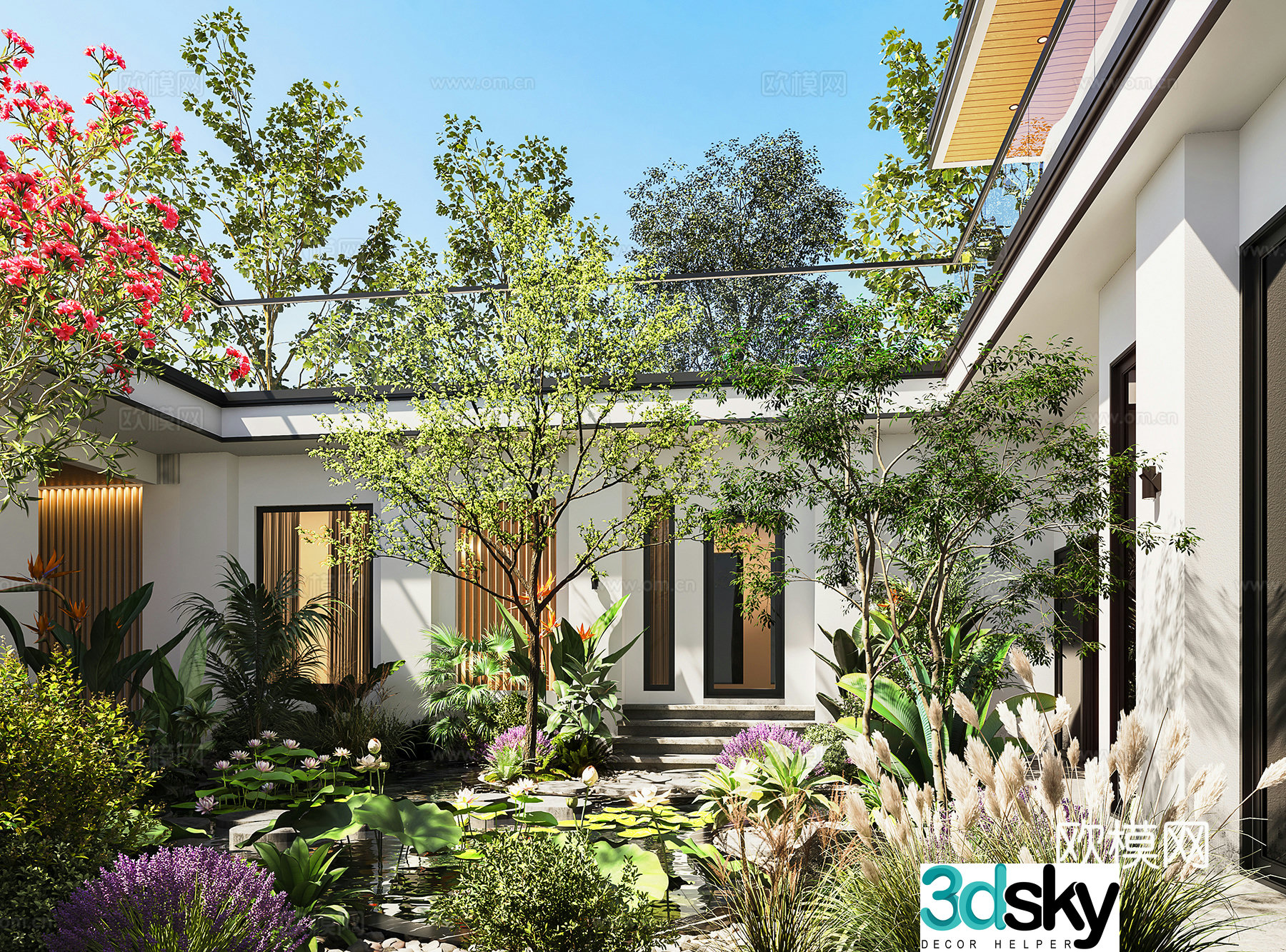 Modern courtyard trees and plants pile 3d model