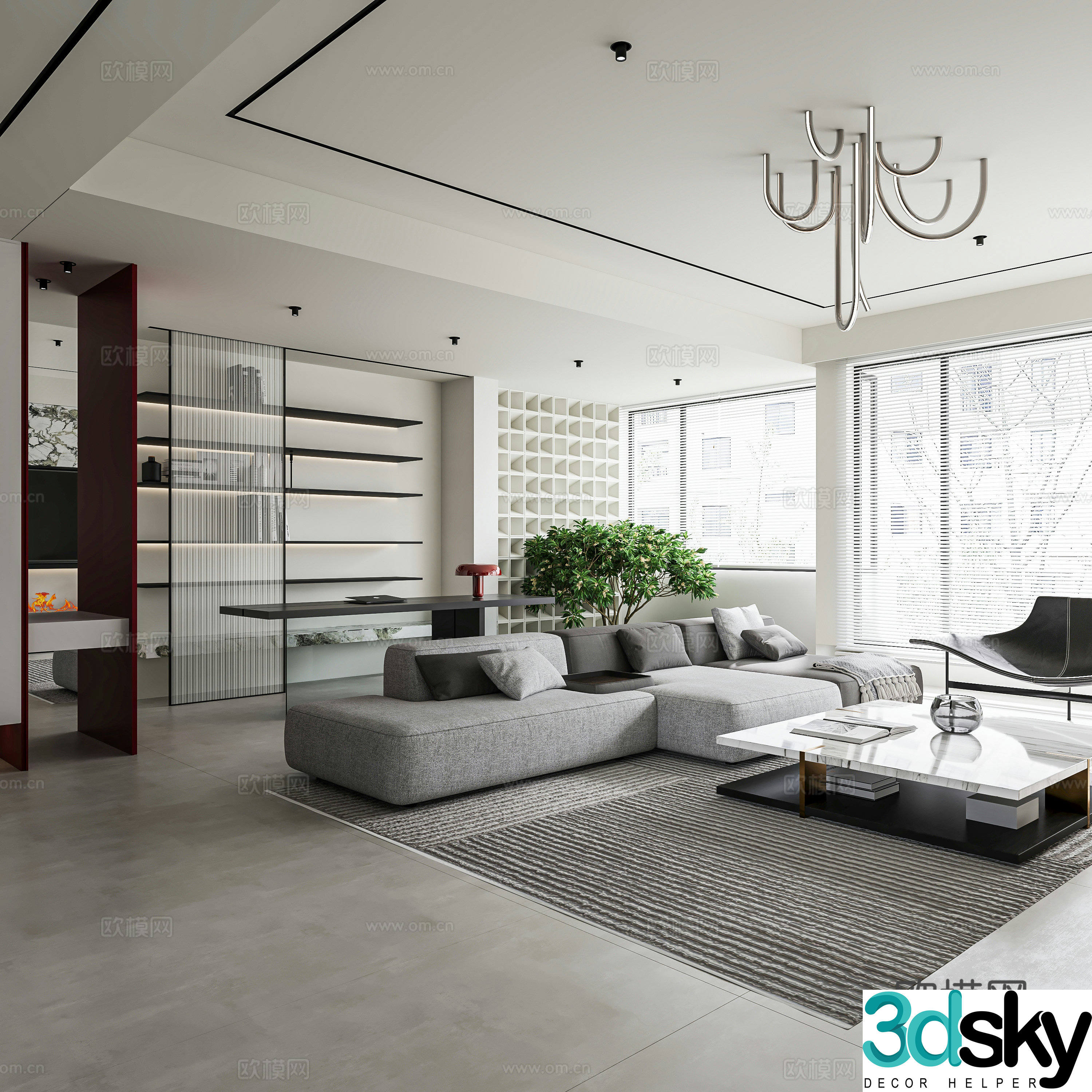 Modern minimalist living room horizontal hall no main light large flat floor fireplace eames lounge chair 3d model