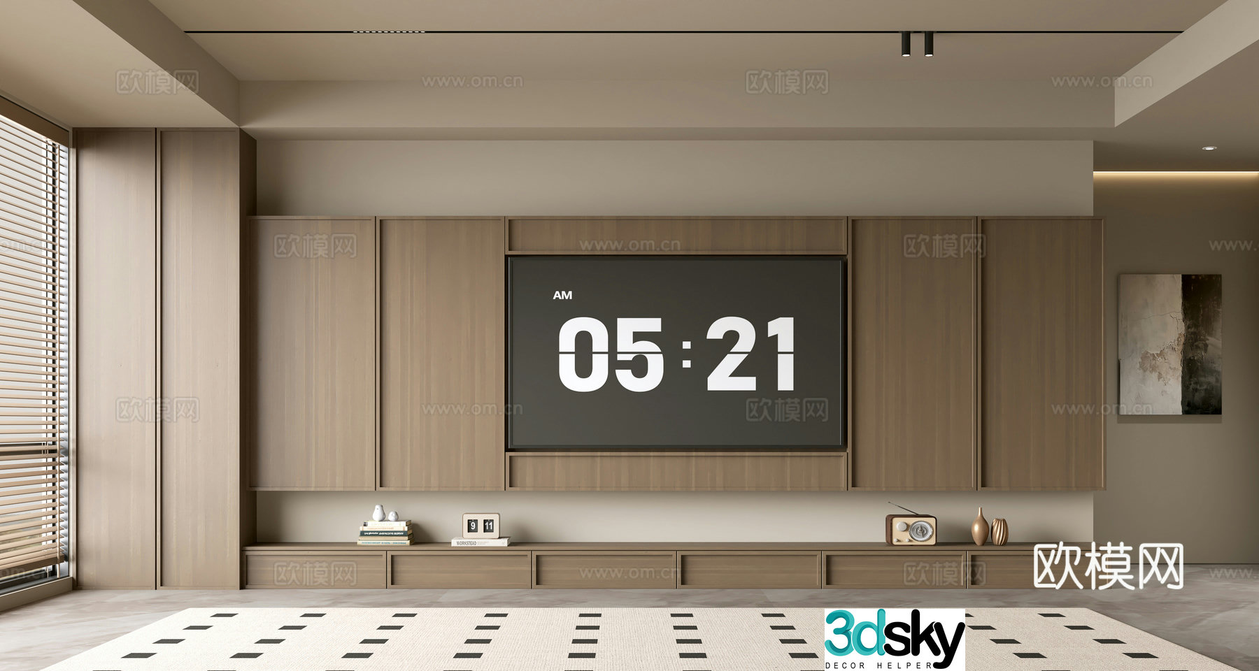 The ancient TV background wall of the TV cabinet and the background wall of the modern Wasabi style living room The ancient style 3D model