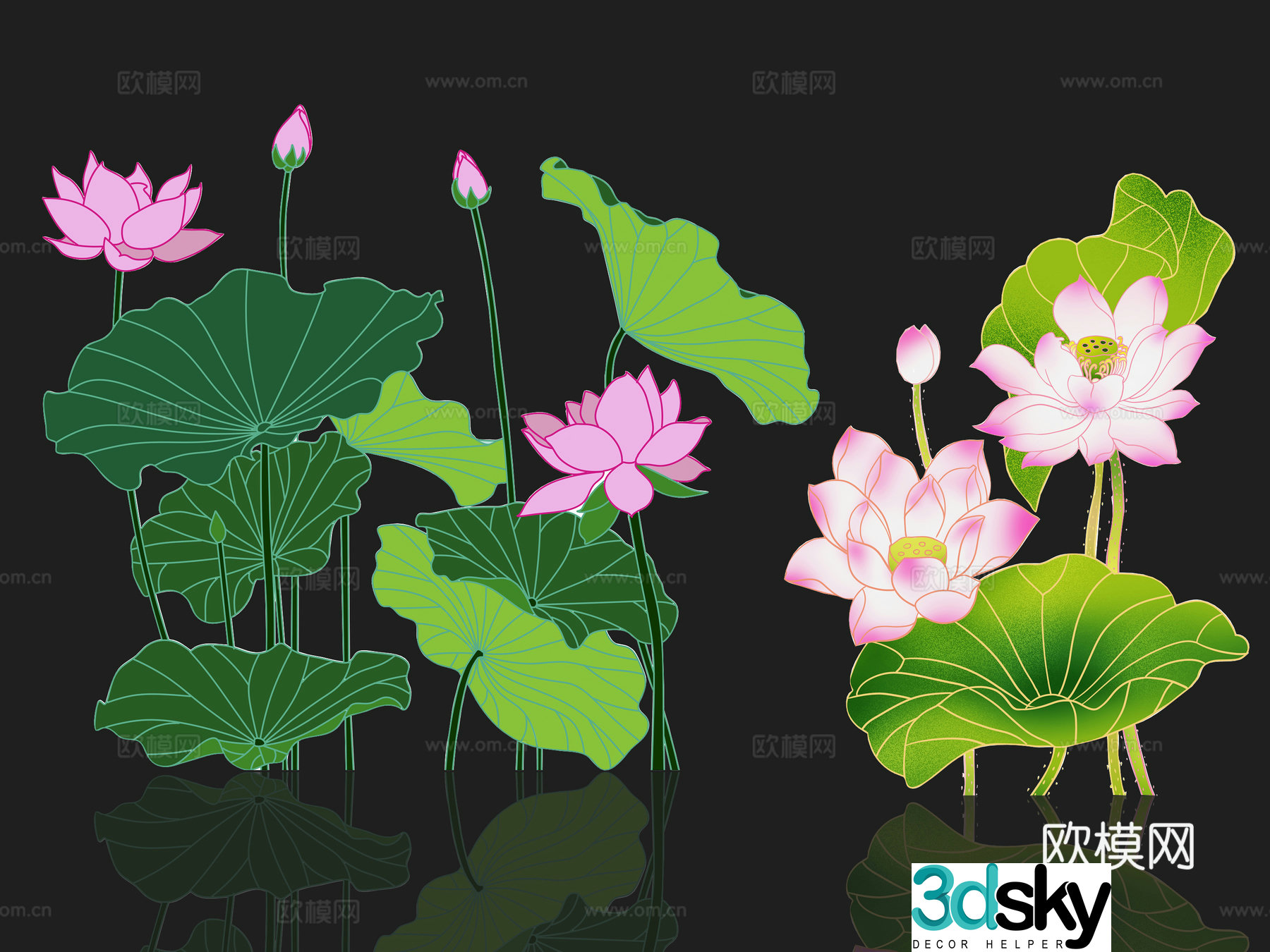 National tide carving plant silhouette lotus lotus leaves flowers national style carp fish 3d model