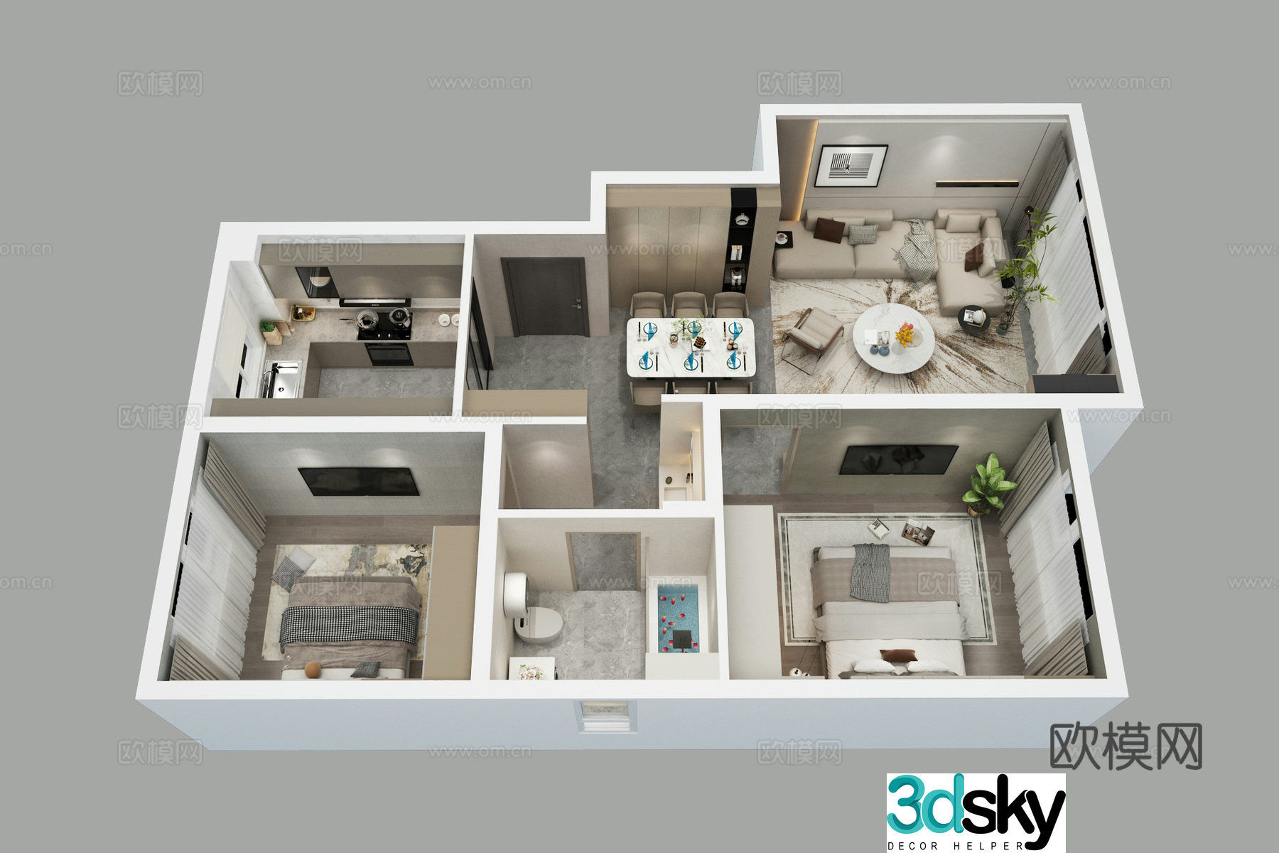 Aerial view of modern home decoration model room 3d model