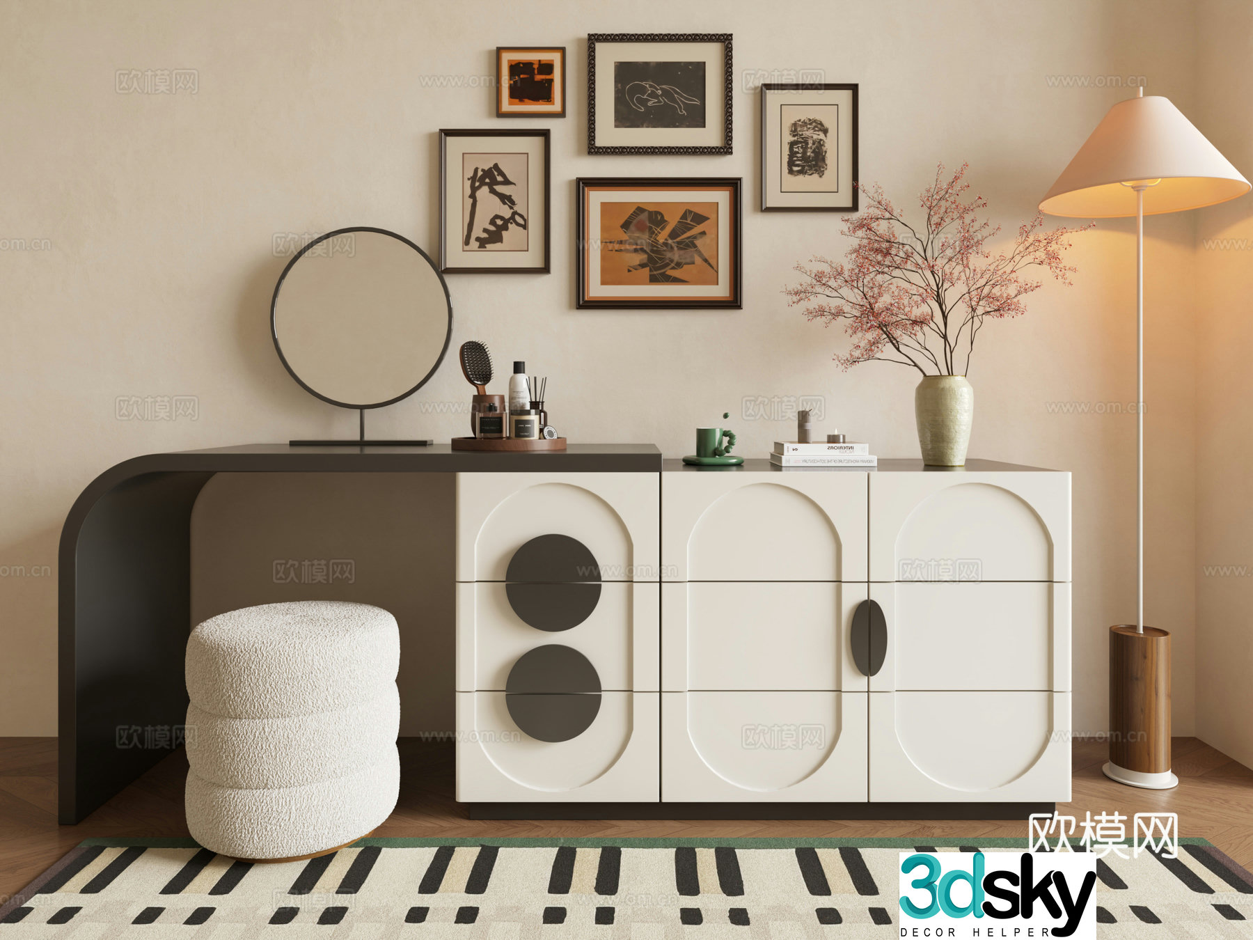 French dressing table Cream style dressing table Modern dressing table French decorative painting vanity mirror 3d model