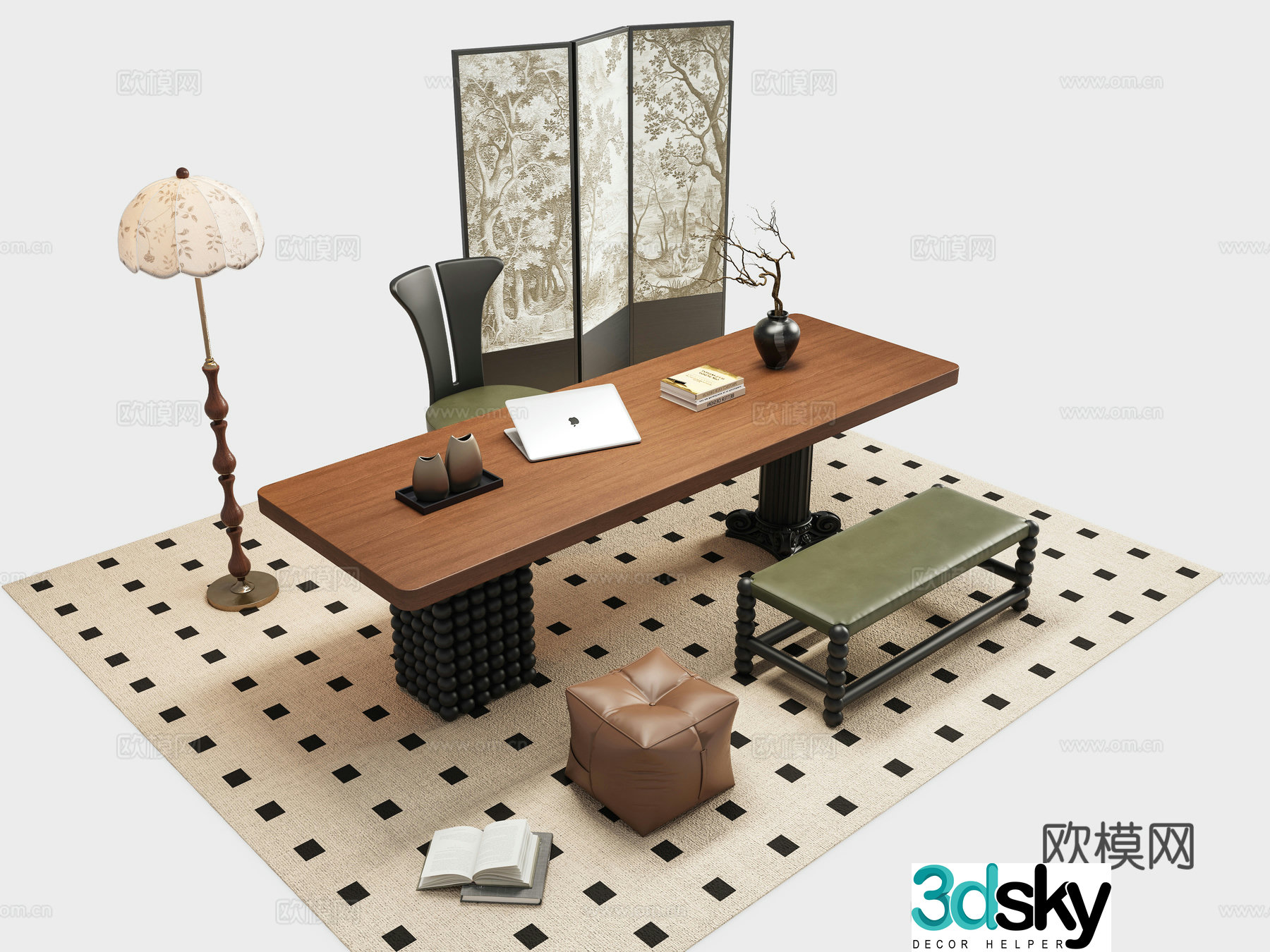 French retro desk and chair combination 3D model