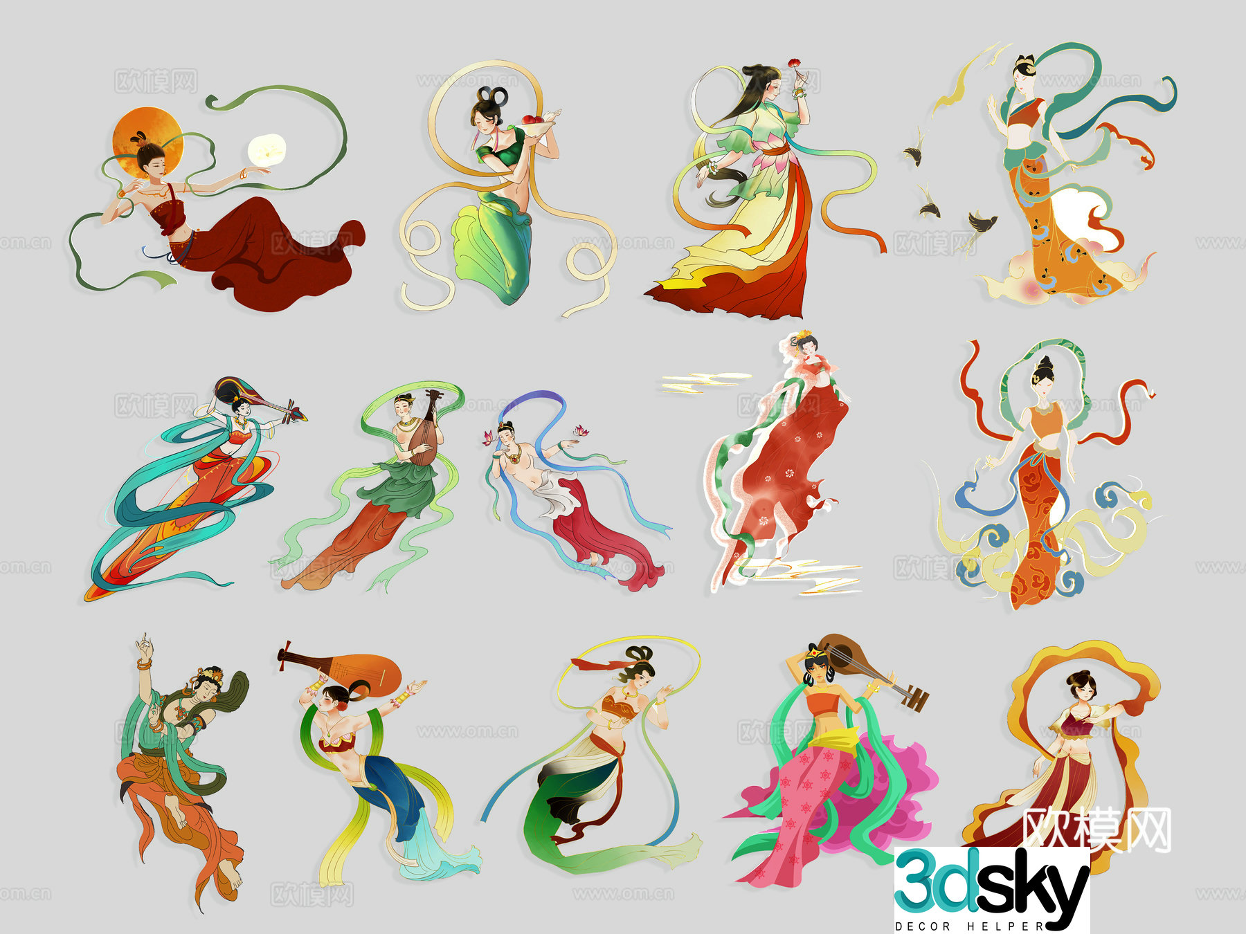 New Chinese style wall decoration national tide Dunhuang Feitian classical flying myth character murals Bodhisattva 3D model
